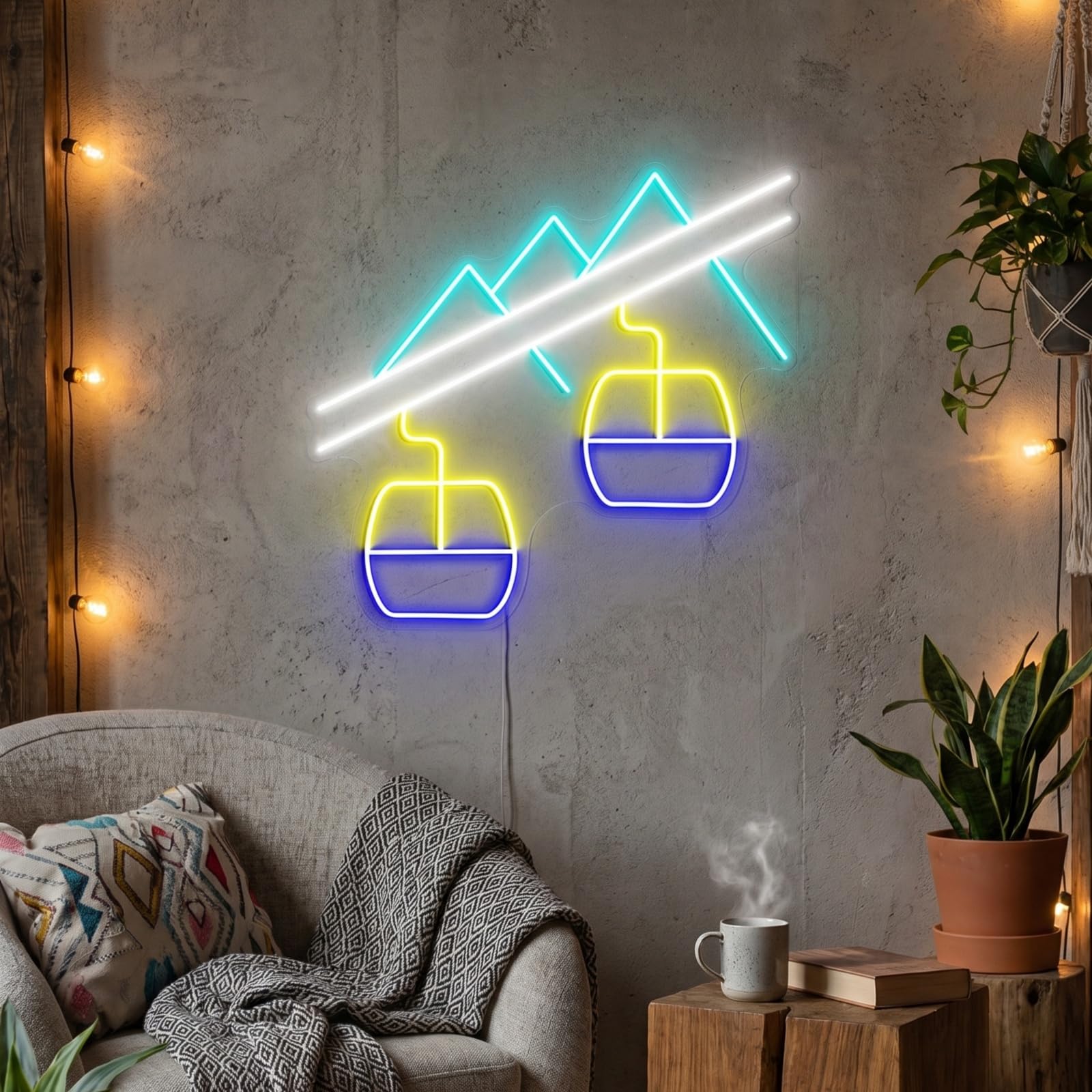 DAKABUKA Ski Lift Neon Sign Mountain Cable Car LED Neon Light for Wall Decor Dimmable USB Powered Neon Signs for Bedroom Game Room Ski Lodge Party Ski Lovers Gifts(Ice blue+White+Yellow+Blue)