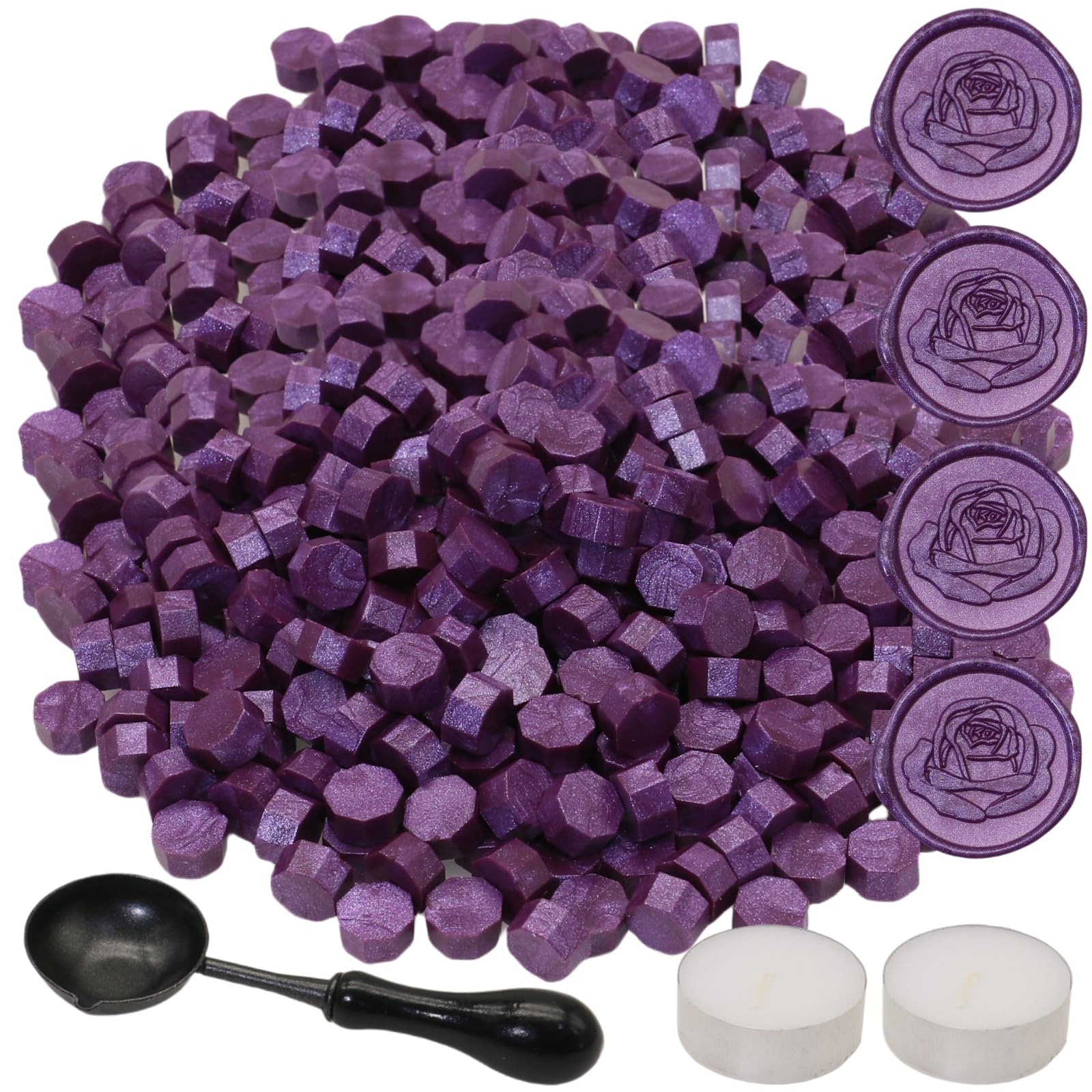 300Pcs Wax Seal Beads Set with Non-Slip Melt Spoon and Candles, Aubergine Purple Sealing Wax Pellets Bead Great for Seals Stamp, Wedding Invitations, Xmas Gift, Envelope Seal (Aubergine)