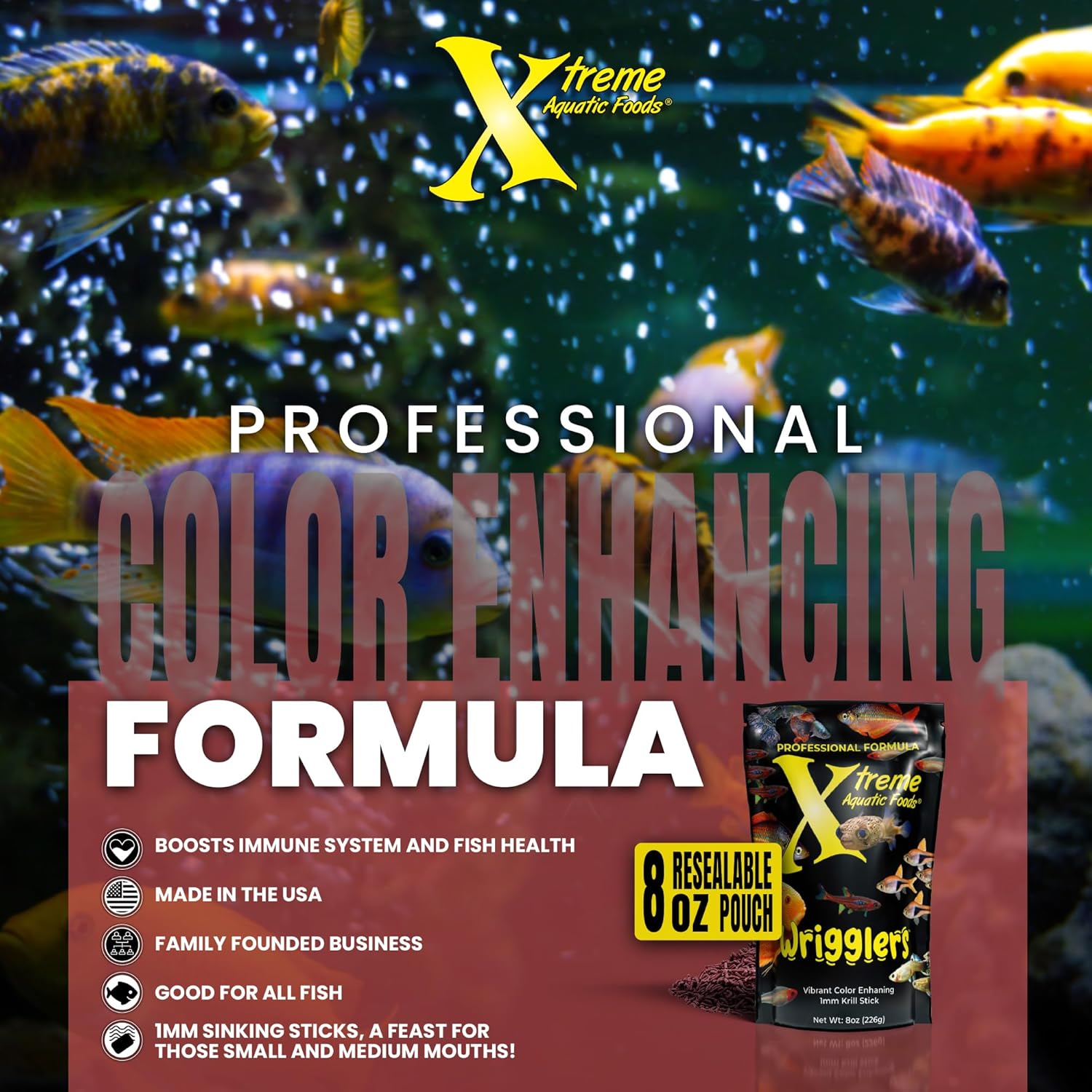 Xtreme Wrigglers - Krill-Based Live Fish Food Alternative - Vibrant Colors, Natural Protein Source, Convenient Resealable Pouch - USA Farm Grown (8oz)