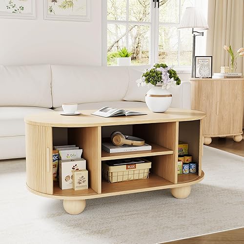 Miniatura 5 de Mesa auxiliar rectangular, mesas de centro acanaladas para sala de estar, mesa de centro de mediados de siglo con almacenamiento y puertas