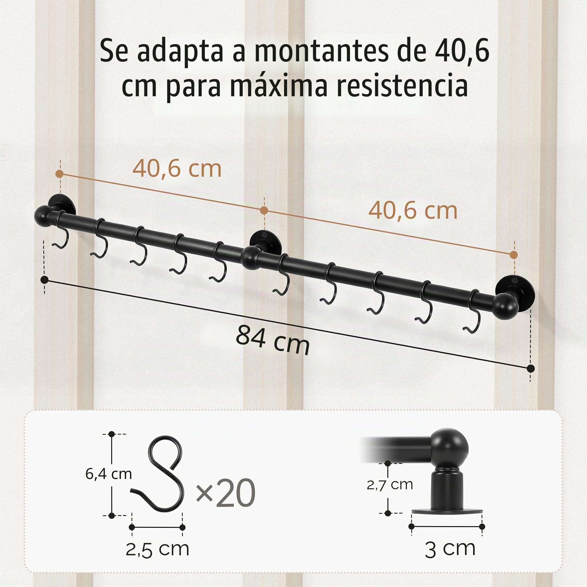 KES Estante para ollas de alta capacidad de 130 libras montado en la pared con 3 tubos gruesos, ganchos para ollas de 32 pulgadas para cocina con 10 ganchos, tornillo de acero inoxidable 18/8 y