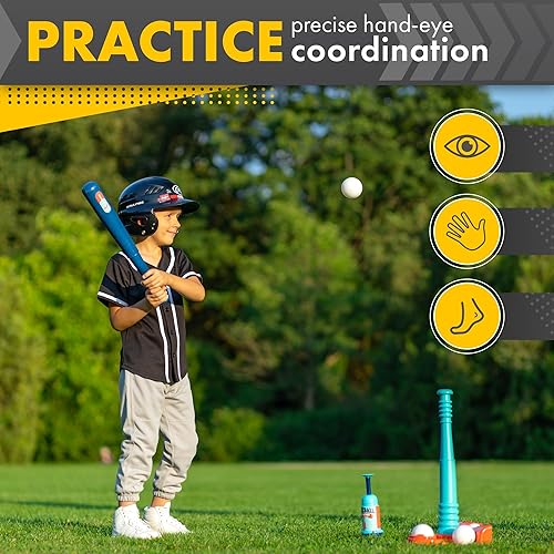 Miniatura 8 de TOMLEON Soporte de T-Ball para niños y niñas de 1-3, 3-5, 5-8 años. Set de béisbol con 6 pelotas grandes, camiseta de bateo T-ball ajustable y