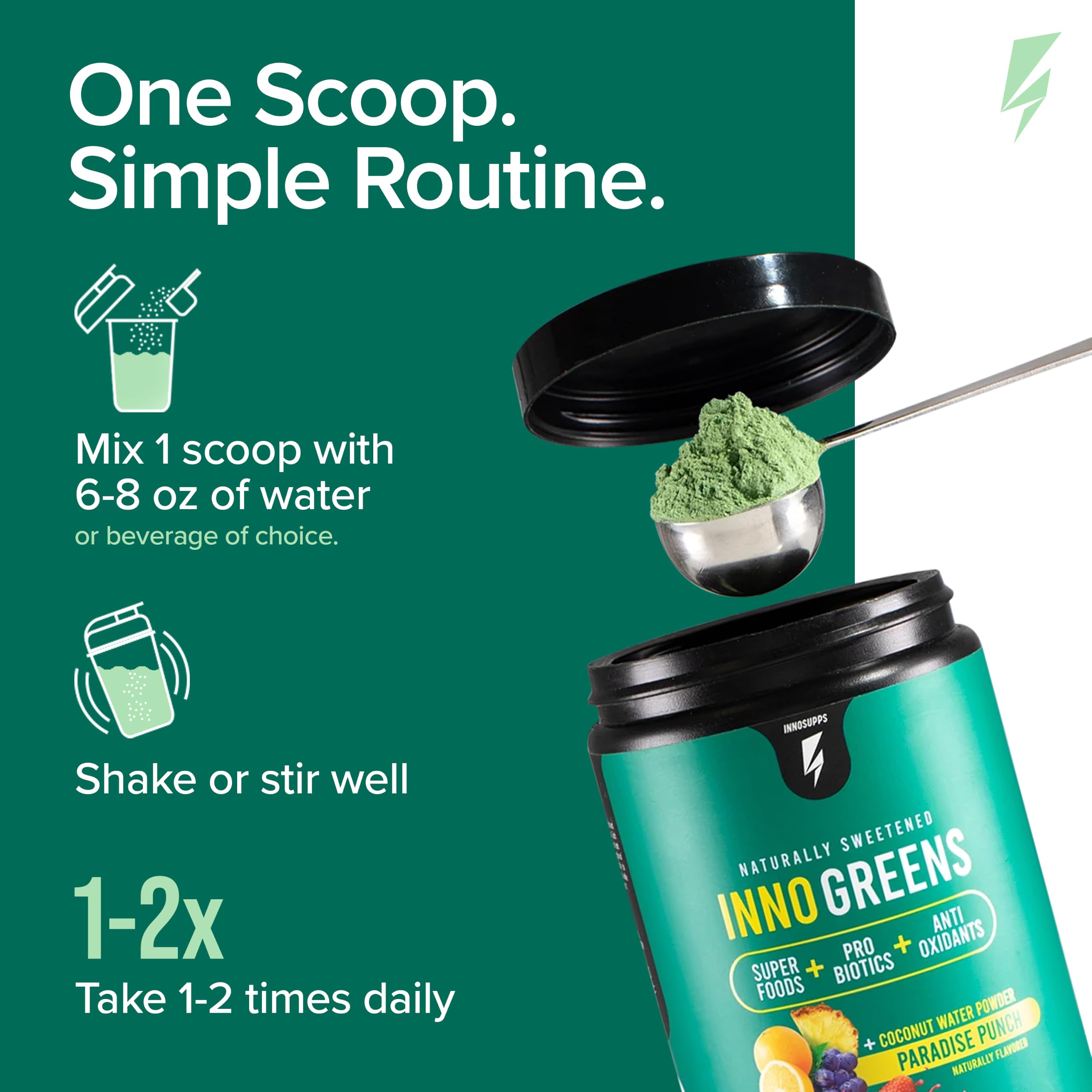 Inno Greens | 28+ Organic Greens & Superfoods | Advanced Prebiotics + Probiotics | Super Antioxidant + Hydration | Spirulina, Chlorella, Ashwagandha | Natural, Non-GMO | 30 Servings (Paradise Punch) — Amazon image 3