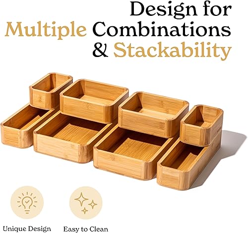 Vista 5 de SMIRLY Juego de organizador de cajones de cocina de bambú de 8 piezas para utensilios grandes y pequeños, caja de almacenamiento multiuso, baño