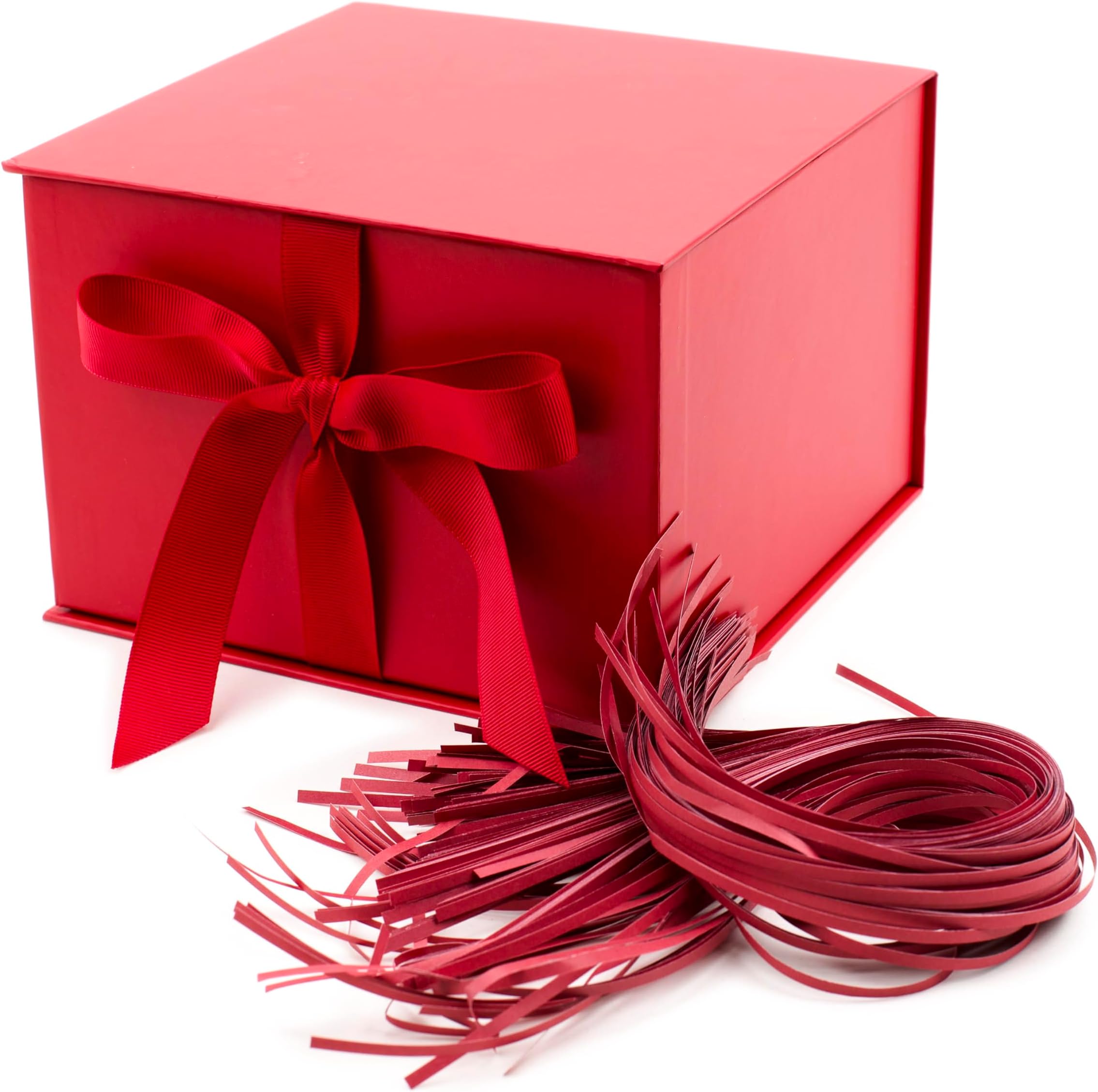 Medium Gift Box with Lid and Shredded Paper Fill (Red 7 inch Box) for Birthdays, Graduations, Anniversaries, Christmas, Valentine's Day, All Occasion