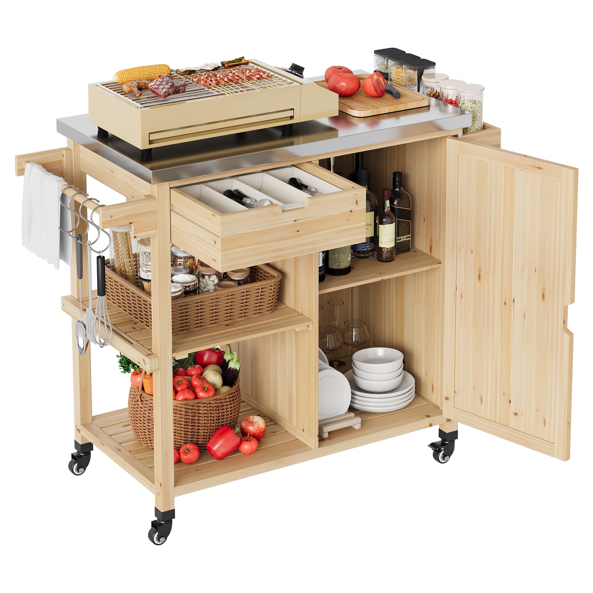 Garvee Chariot de Barbecue supplémentaireérieur Professionnel – Plan de Travail INOX, Armoire de Rangement, tiroir, étagères Ouvertes, Porte-épices, roulettes – Îlot Mobile et Table d’appoint pour