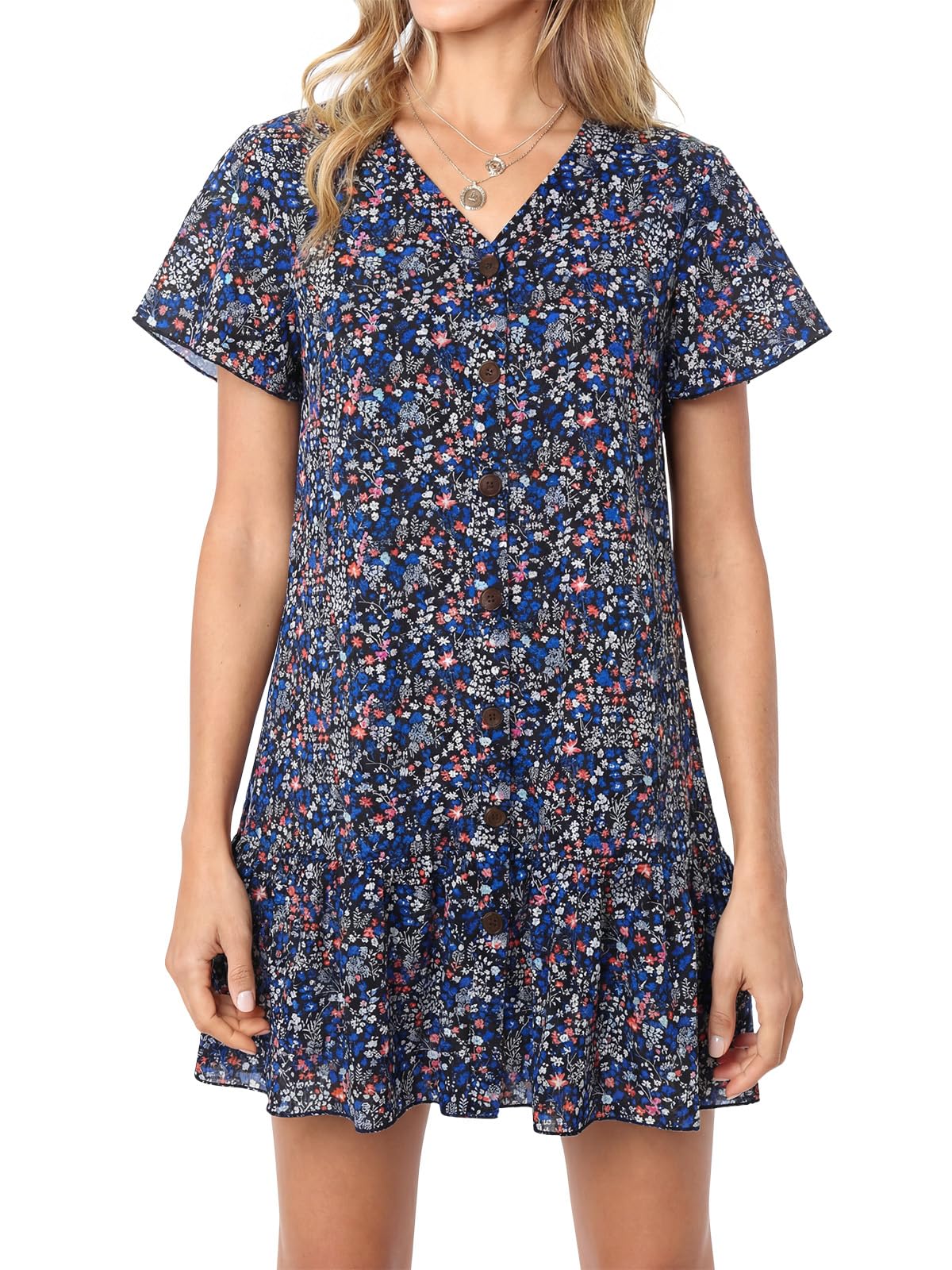 Imysty Womens Summer Polka Dot V Neck Button Down Loose Mini Dress