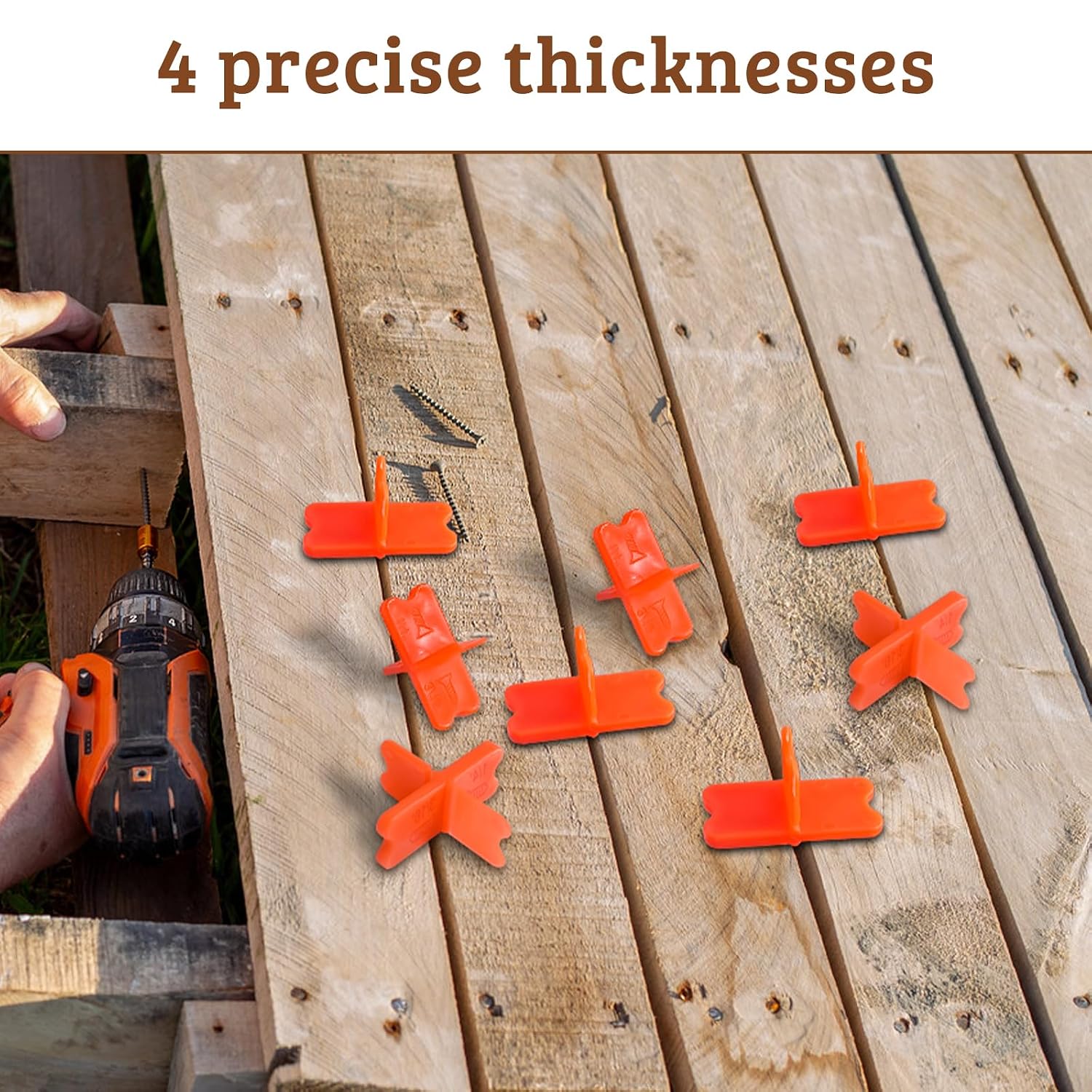 8 Pcs Deck Spacers, 4 Thicknesses Deck Board Spacers (1/16", 1/8", 3/16", 1/4"), Decking Spacing Tool for Composite, PVC, Hardwood & Pressure Treated Decking Board, Easy-to-Use Deck Boards Gap Tool