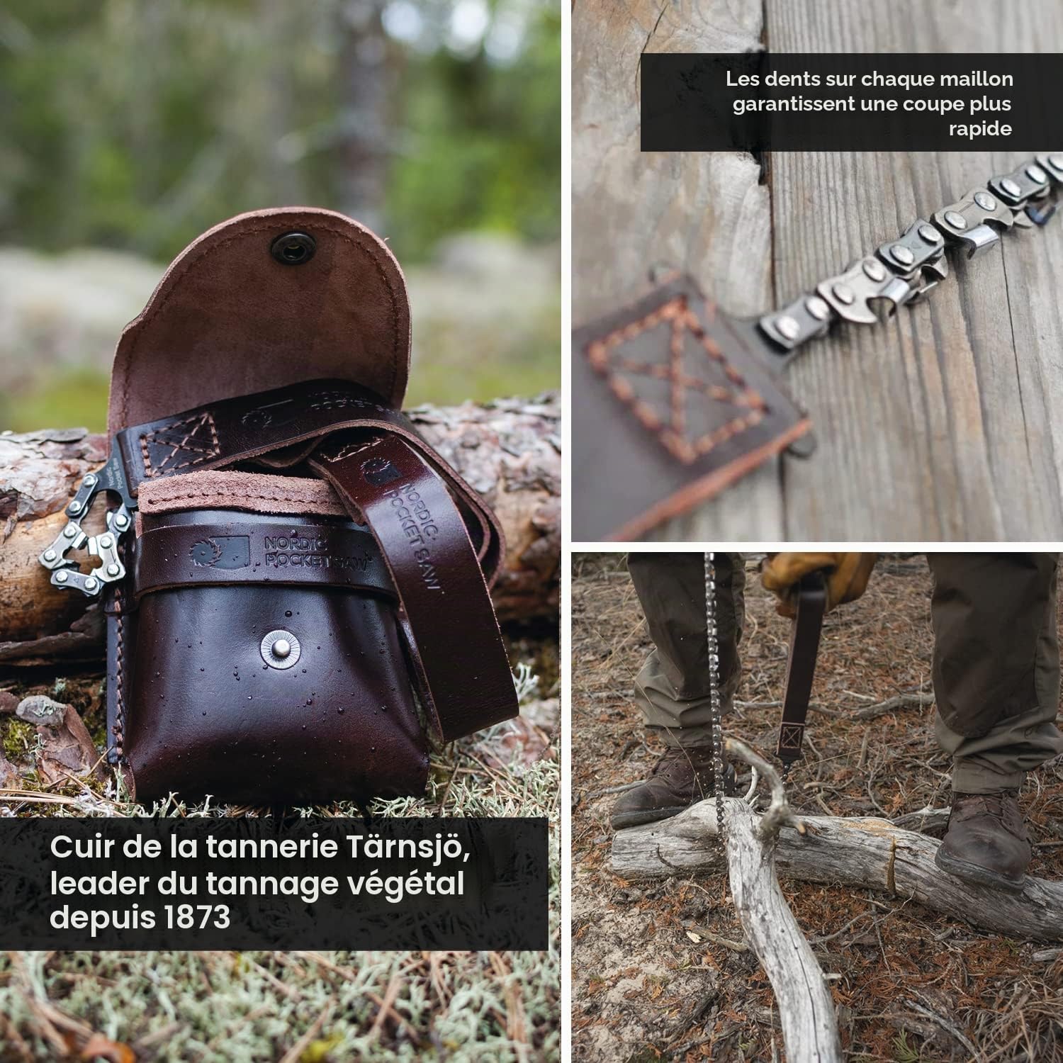 Nordic Pocket Saw Scie à Main - Tronçonneuse Portable - Scie Manuelle Chaîne 65 cm - Fil à Scier Premium - Avec Poignées et Etui en Cuir - Chaîne Portable - Outil de Survie Camping Randonnées