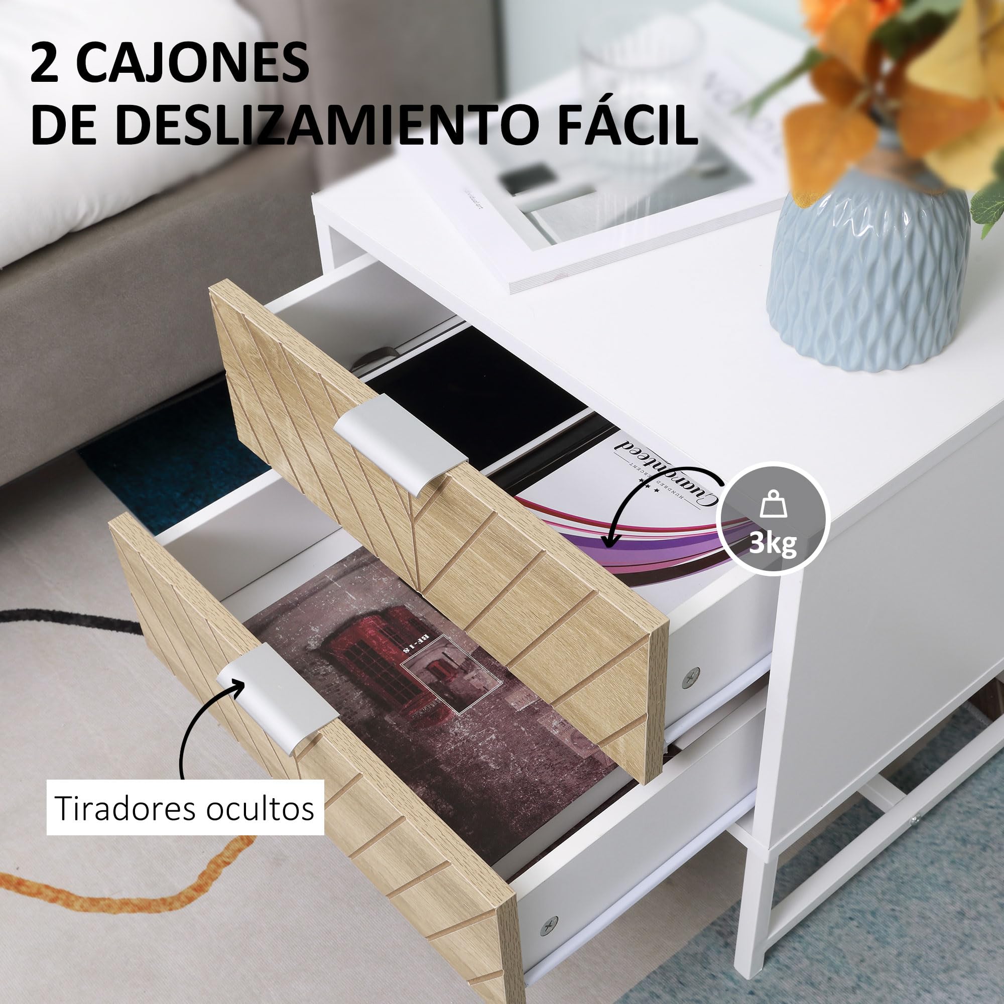 HOMCOM Mesilla de Noche Mesita de Noche 2 Cajones 45x39x48 cm Blanco Roble