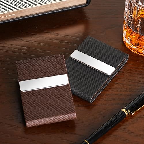 Miniatura 3 de Portatarjetas de visita, piel sintética delgada y acero inoxidable para hombres o mujeres, portatarjetas de bloqueo RFID con cierre magnético, Negro