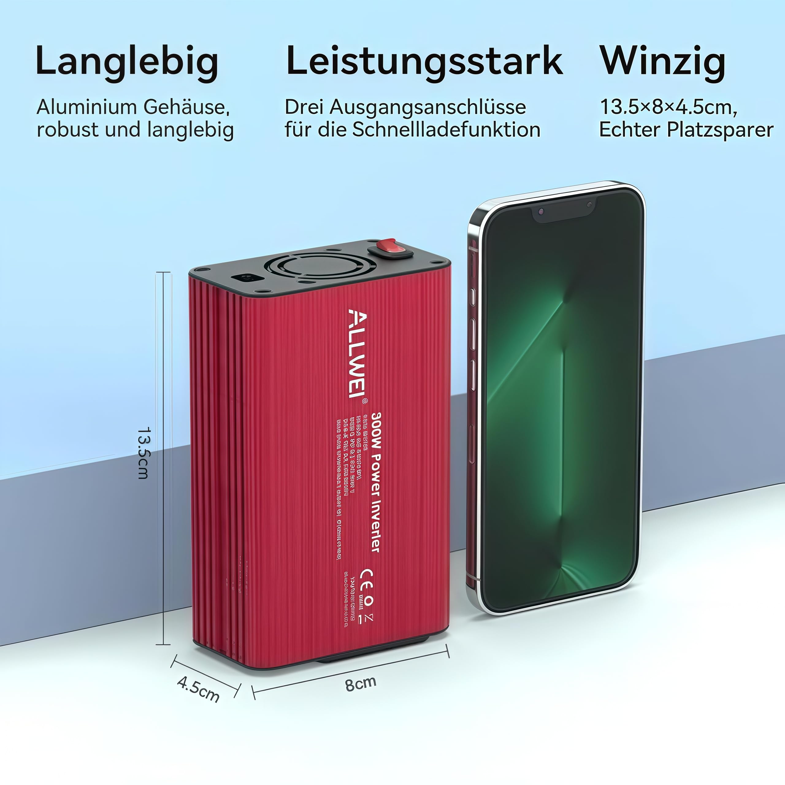 ALLWEI 300W Wechselrichter 12V auf 230V Spannungswandler, Stromwandler mit Typ-C & USB Anschluss, Inverter 12V 220V, Auto Steckdose für Auto, Laden von Handys, Laptops und Anderen Geräten(Rot)