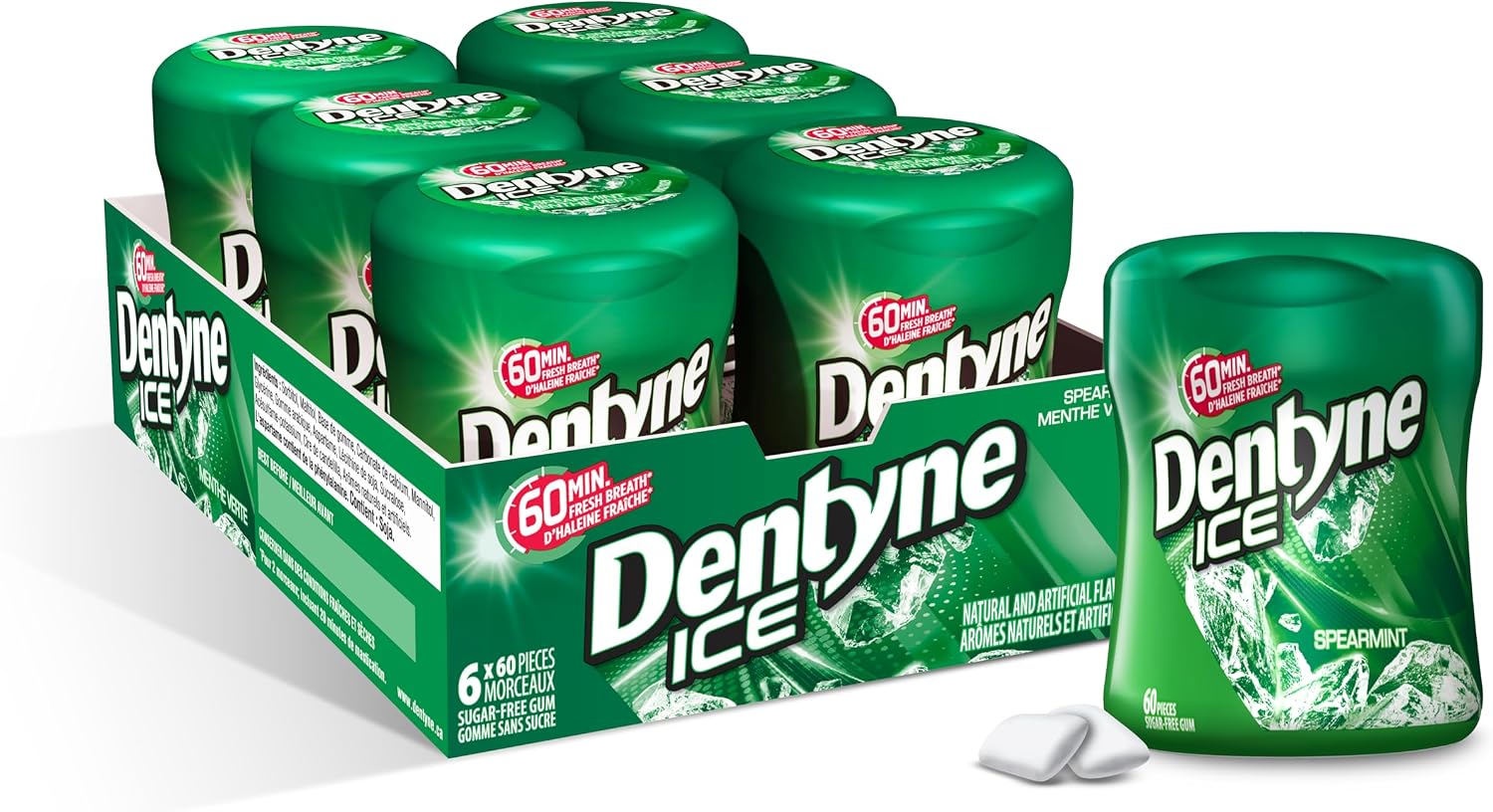 Dentyne Ice Sugar-Free Gum Bubble Gum, Spearmint Bottle, 6 Go Cups (360 Pieces Total)