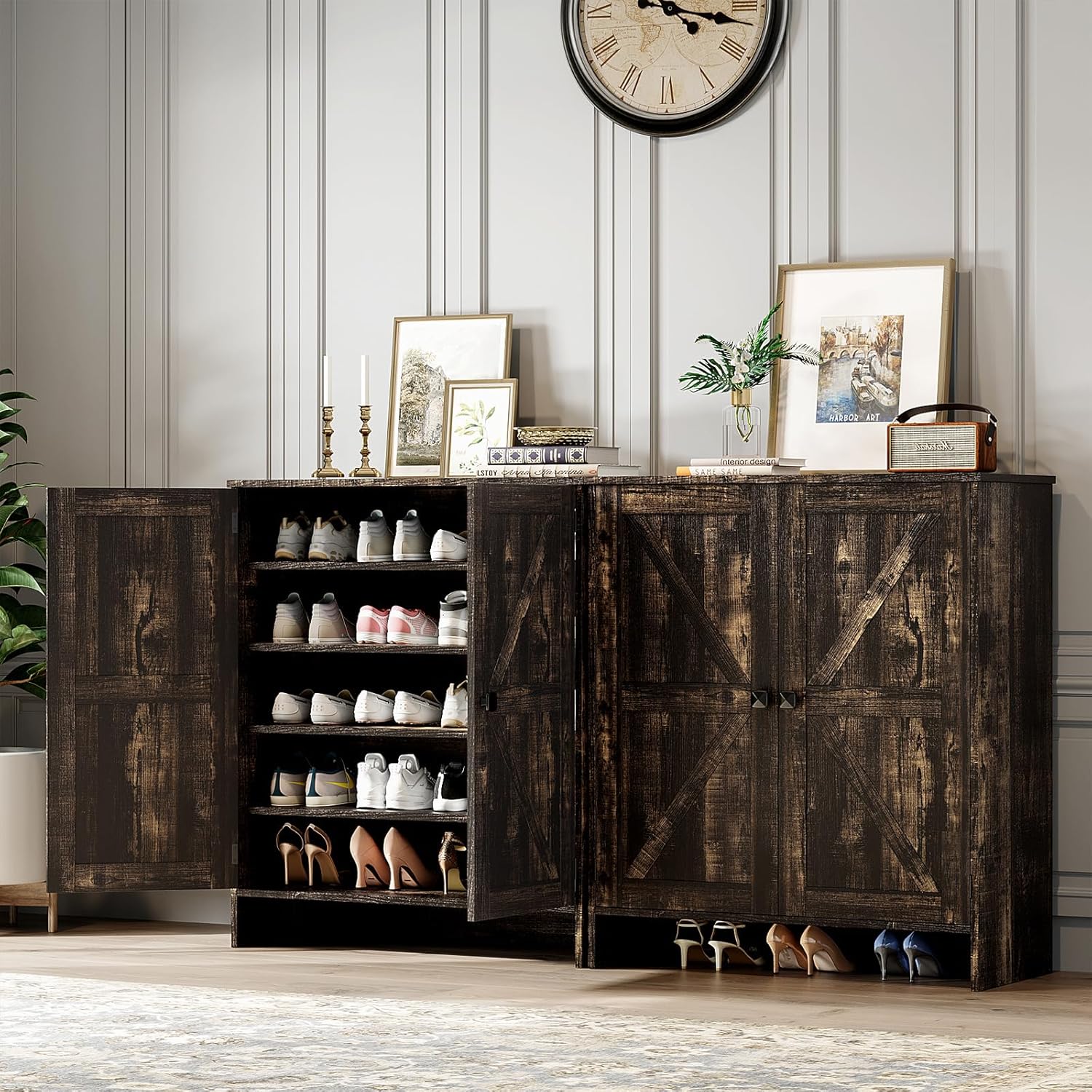 VINGLI Shoe Cabinet with Doors,5 Tier Dark Rustic Oak Wooden Shoe Storage Cabinet for Entryway with Double Barn Doors, Adjustable Shelves, 36.4" Tall Farmhouse Shoe Rack Organizer for Entryway