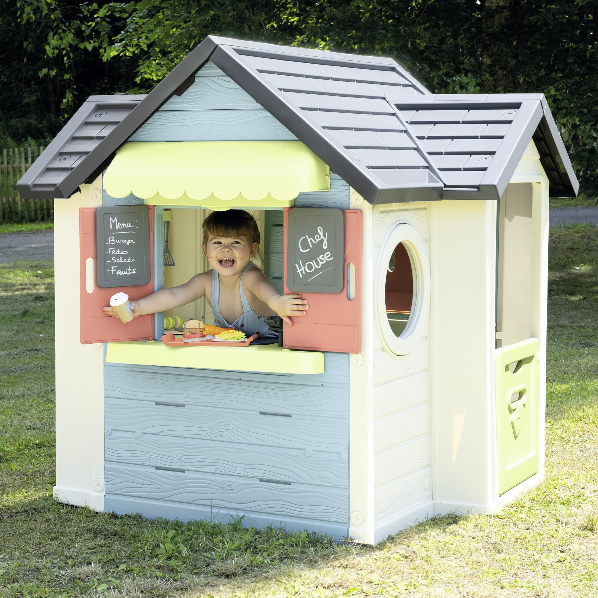 Smoby Life Chef House - Casa Restaurante de Juguete y Cocina para Niños, 48 Accesorios, Caja Registradora, Cocina, Juguete Educativo, protección Anti-UV, Material Reciclado, +2 Años (7600810407)