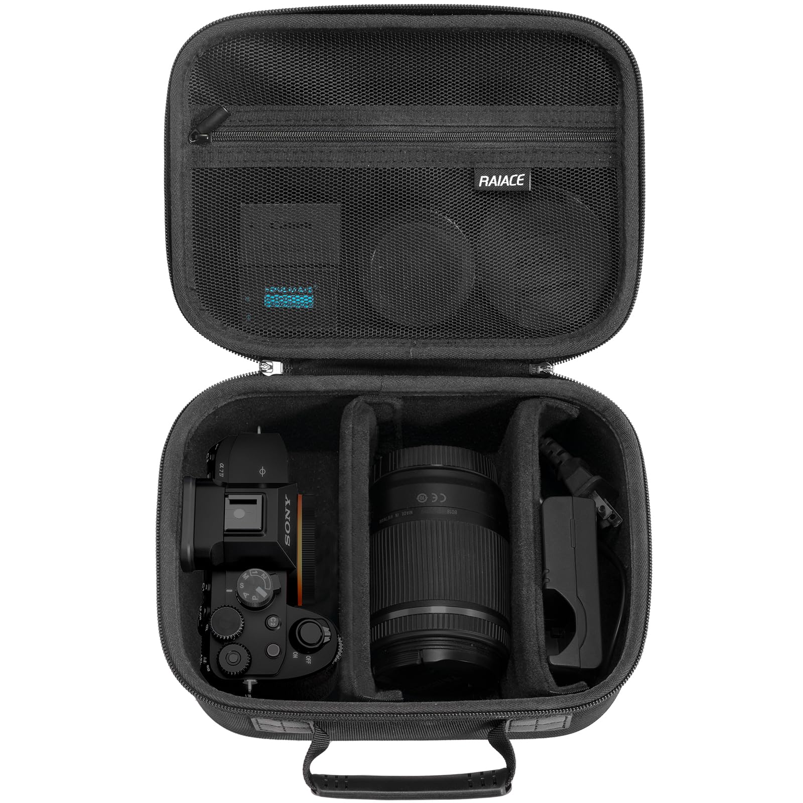 RAIACE Hartschalenetui kompatibel mit der Sony Alpha 7 II III IV/7R V Kamera, für Nikon, Canon, Pentax und mehr. Netzfach für Ladegerät, Kabel, Karten und Zubehör. (Nur Etui) – Schwarz