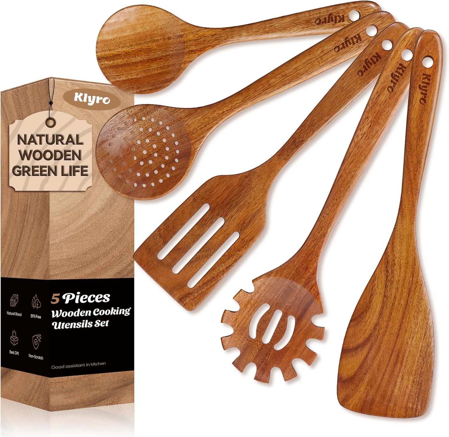 Teak Kitchen Utensils Set, 5 Piece Premium Wooden Cooking Utensils Set, Non-Stick Heat-Resistant Wooden Spoons for Cooking, New Apartment Essentials Teak Kitchen Utensils Set, 5 Piece Premium Wooden Cooking Utensils Set, Non-Stick Heat-Resistant Wooden Spoons for Cooking, New Apartment Essentials