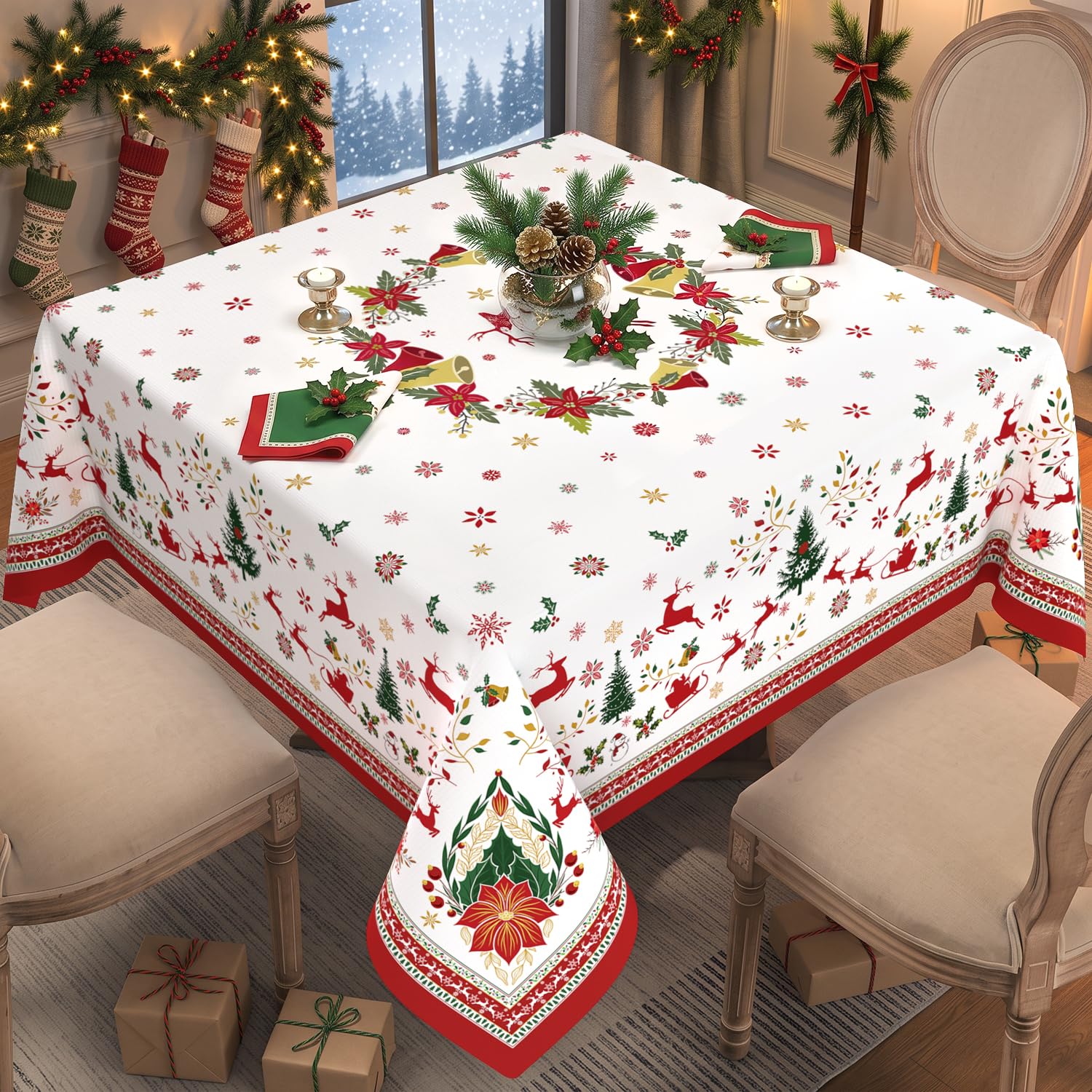 Sonalied White Christmas Tablecloth Square 52x52 Inch, Waterproof Machine Washable Polyester Elegant Xmas Tablecloth Square Holiday Christmas Table Cloth Square Table Cover