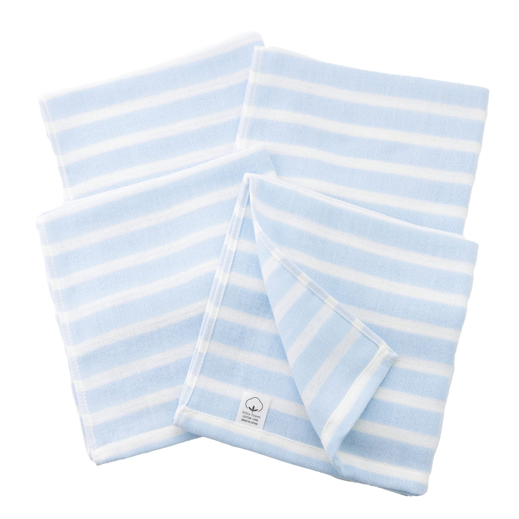 Muko Towel Double Gauze Striped, Face Towel, Senshu Towel, Thin, Made in Japan, Quick Dry, Set of 4 Towels, Ice Blue
