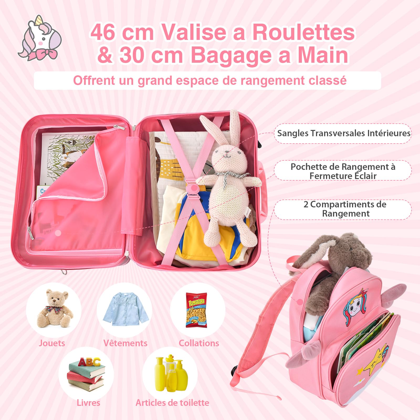 COSTWAY Valise Enfants à roulettes 18” avec Sac à Dos 12”, Bagages à Main pour Voyage avec Roues Coque Imperméable Poignée Rétractable pour Enfants de 3 Ans+ Charge 50KG+8KG (Rose Licorne)