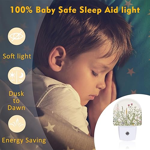 Miniatura 5 de Luz nocturna de hierbas y flores silvestres para niños, acuarela verde botánica, hojas florales, luz nocturna enchufable con sensor de atardecer a