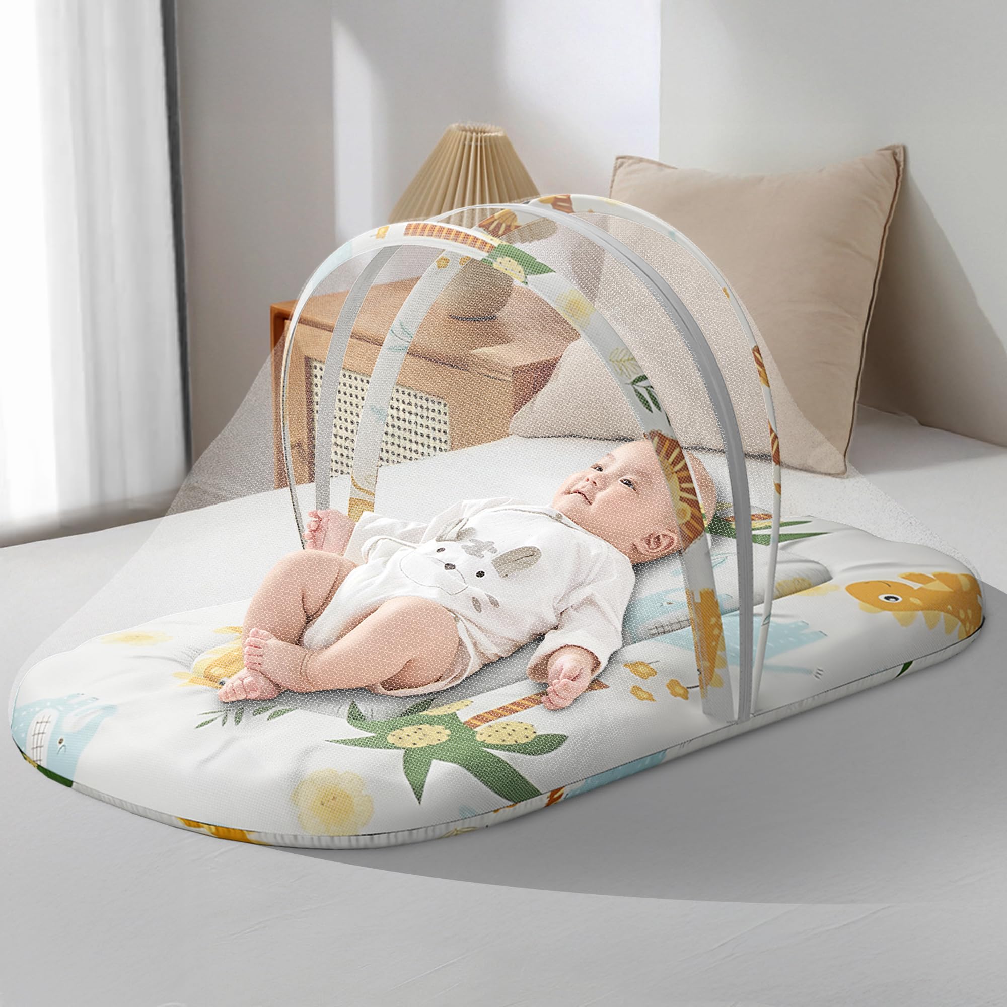 StarAndDaisy 3 in 1 Baby Bedding Set for New Born Baby, Bed Mattress with Mosquito Net & Neck Pillow, Sleeping Nest Travel, Infant Toddler Bed Set Gifts for Baby Boy Girl 0-12 Months -Animal Print-image-3
