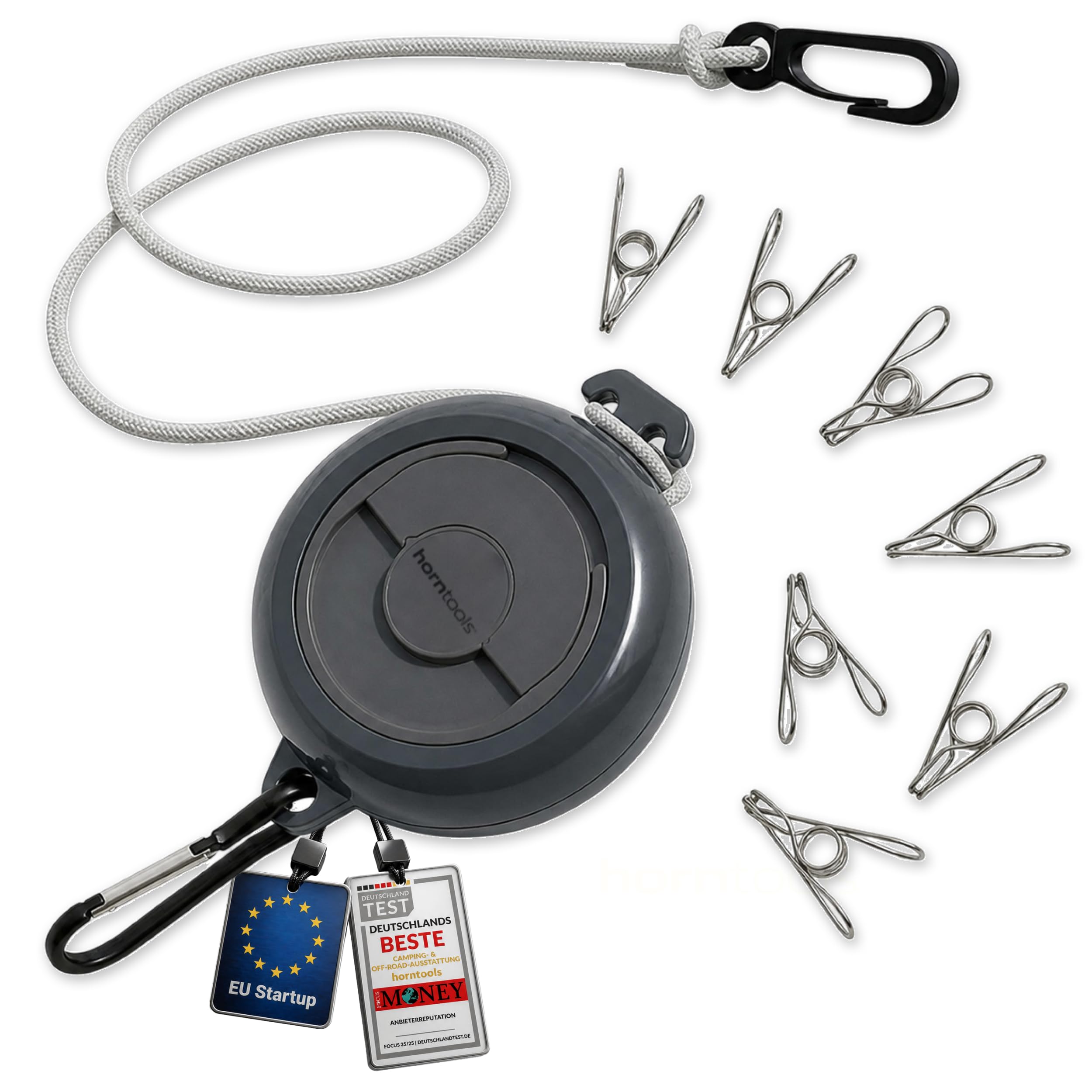 HORNTOOLS Camping Wäscheleine Ausziehbar 10m - Reisewäscheleine mit Klammern - Reisezubehör für Wohnwagen, Wohnmobil, Reisen & Overlanding - 20 Edelstahlklammern, Abstandshalter, Karabiner, 255g