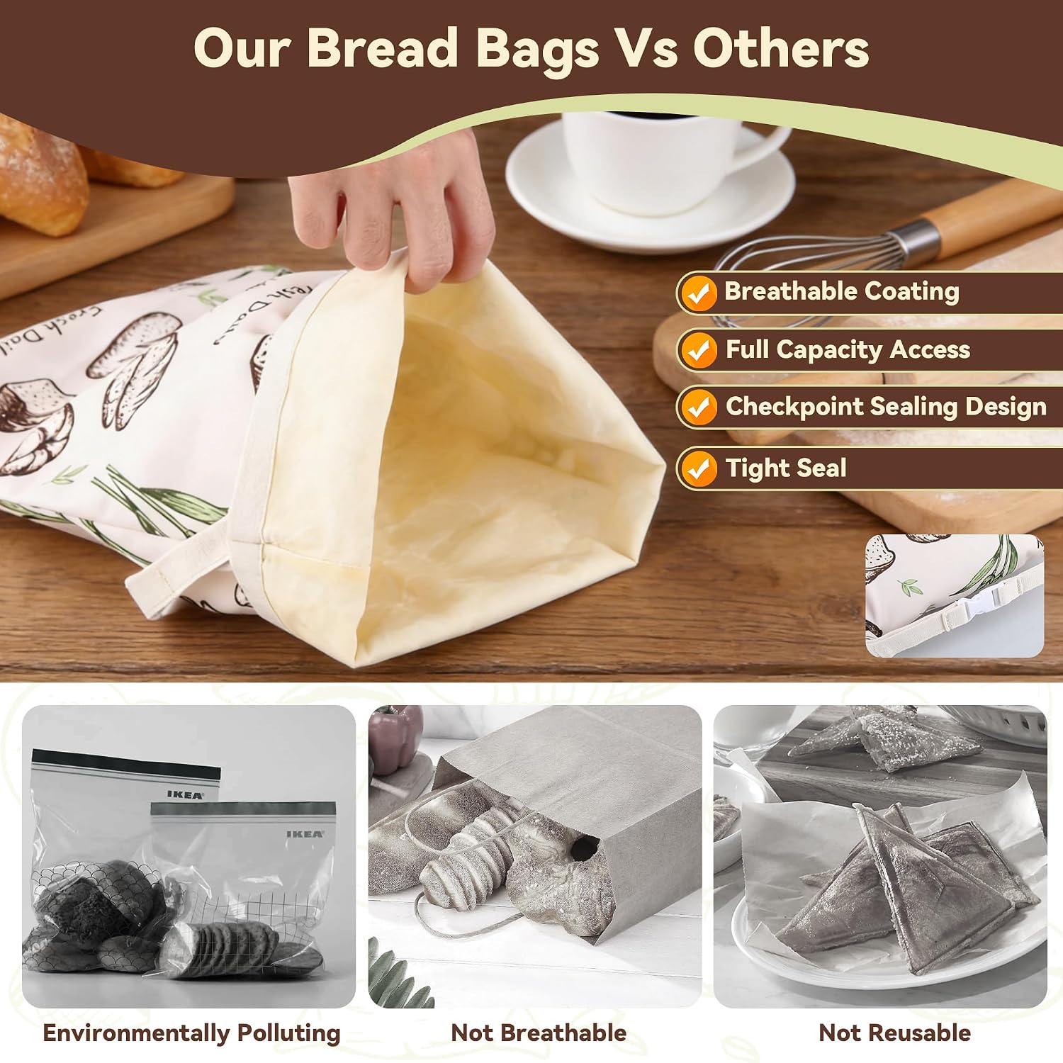 2 Pack Beeswax Bread Bags for Homemade Bread,17x13 In Sourdough Storage Bags,Snap Lock Seal Keeps Bread Fresher Longer,Matching Biodegradable Cleaning Cloth,Gifts for Love Baking