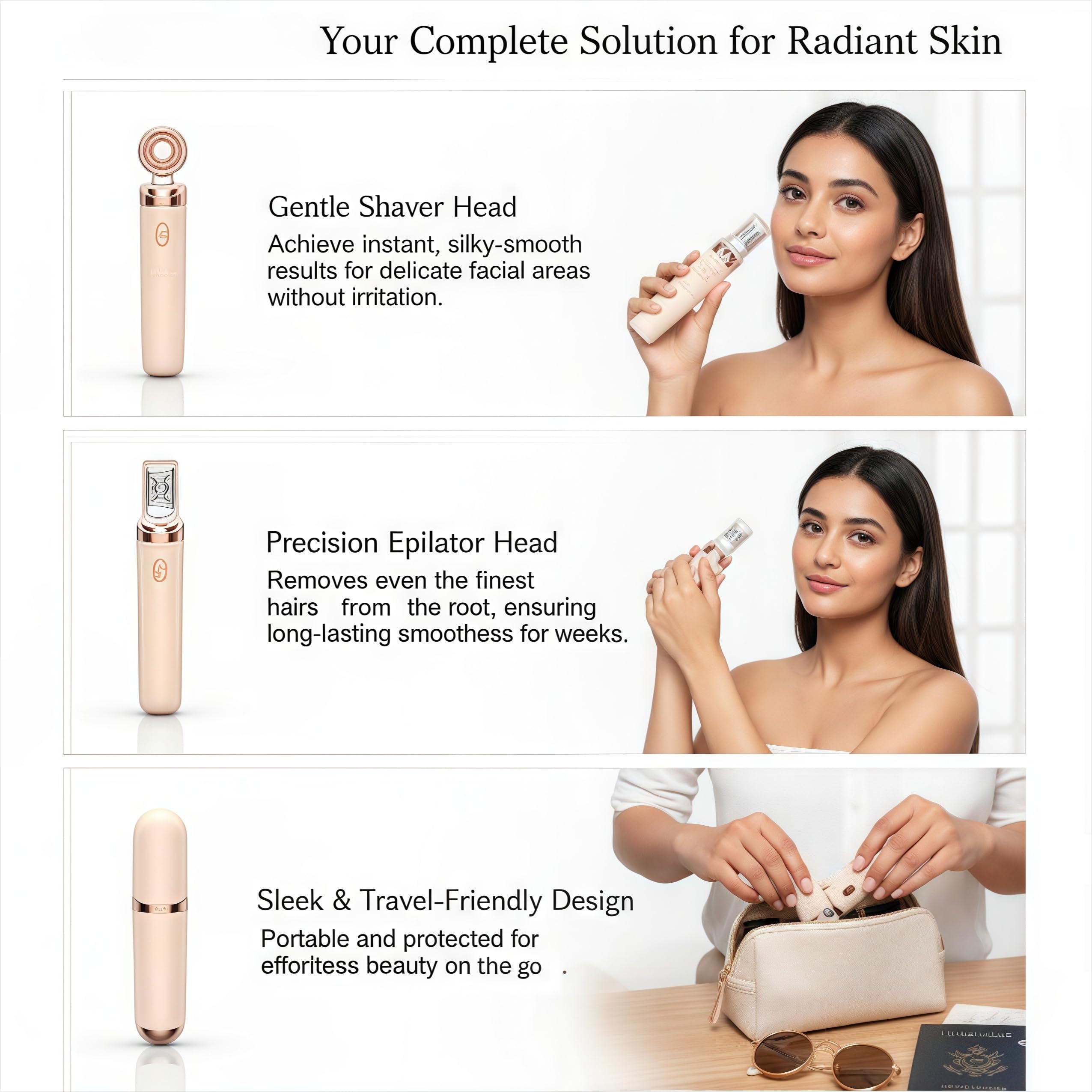 PluxiEpil Pro 3.0 Women Face Epilator – 2-in-1 Hair Removal Gentle & Painless Hair Remover for Upper Lip, Chin, Eyebrows & Cheeks (Pink)