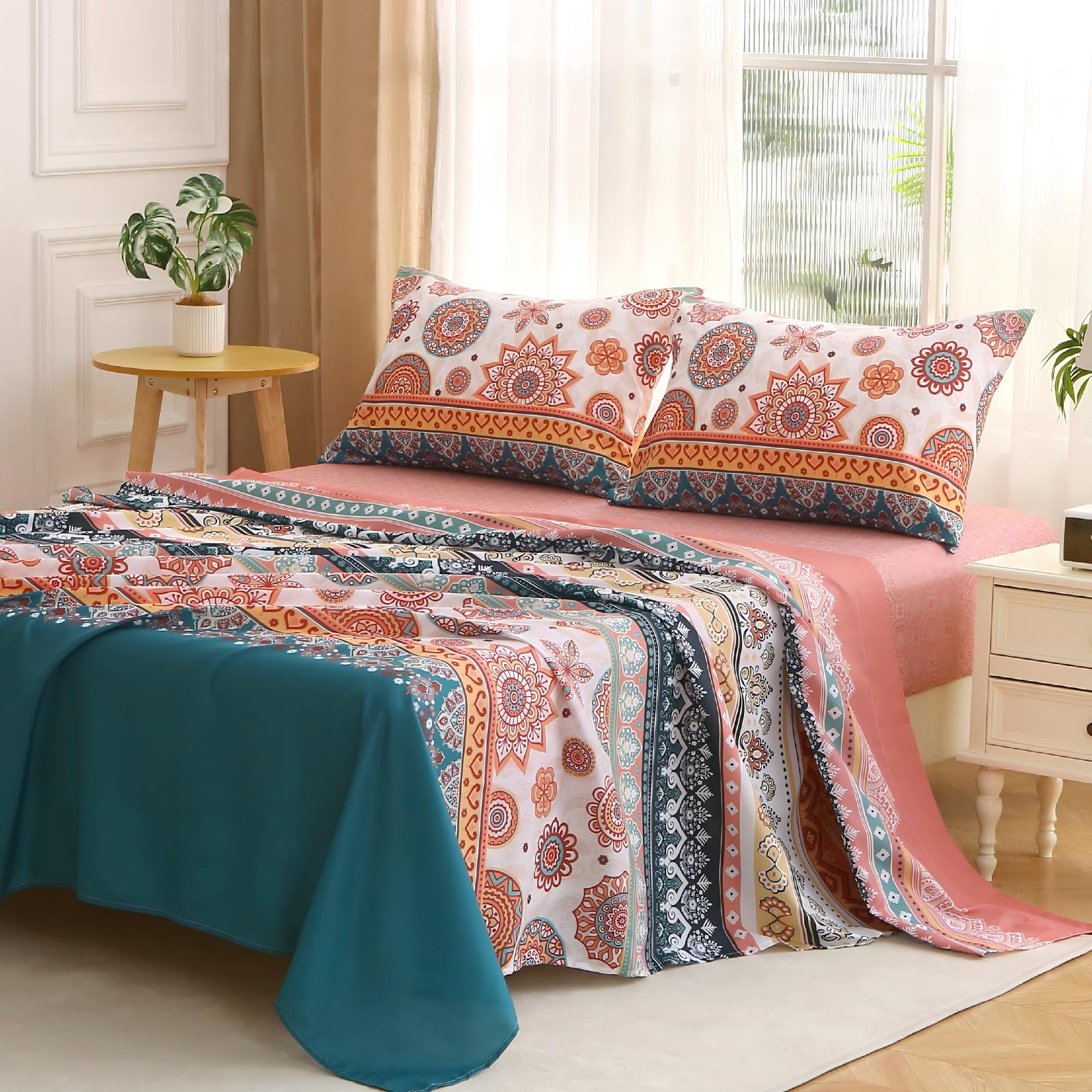 MUXHOMO Queen Size 4 Piece Sheet Set, Soft & Breathable Sheet for Bedroom with Deep Pocket Up to 16", Wrinkle-Free & Cooling Bed Sheet with Flat Sheet, Fitted Sheet & Pillowcases - Bohemian Flowers