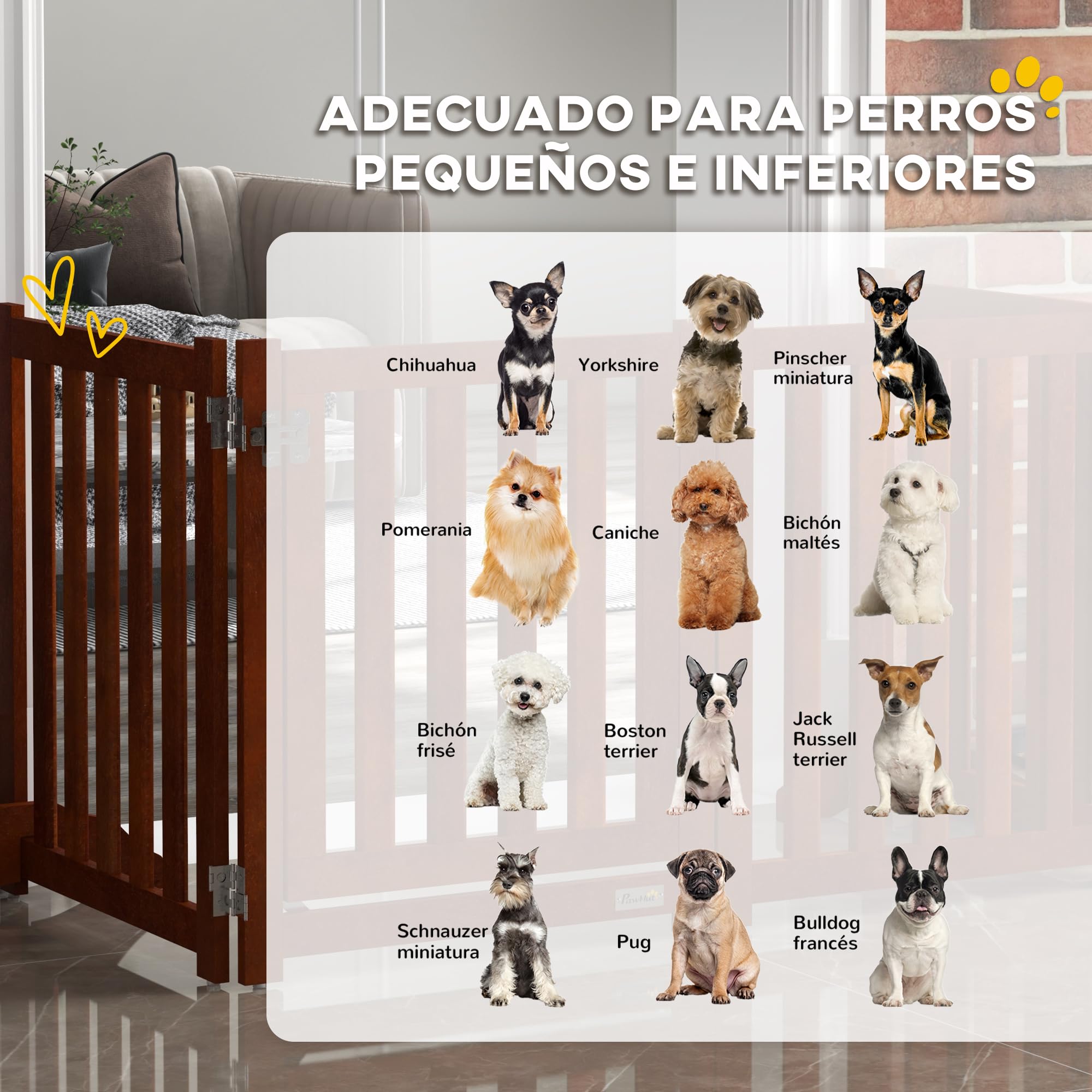 PawHut Barrera de Seguridad para Perros Plegable 205x30x60 cm Marrón | para Escaleras y Puertas, Valla para Perros Pequeños, 4 Paneles, Soporte de Pie, para Interiores