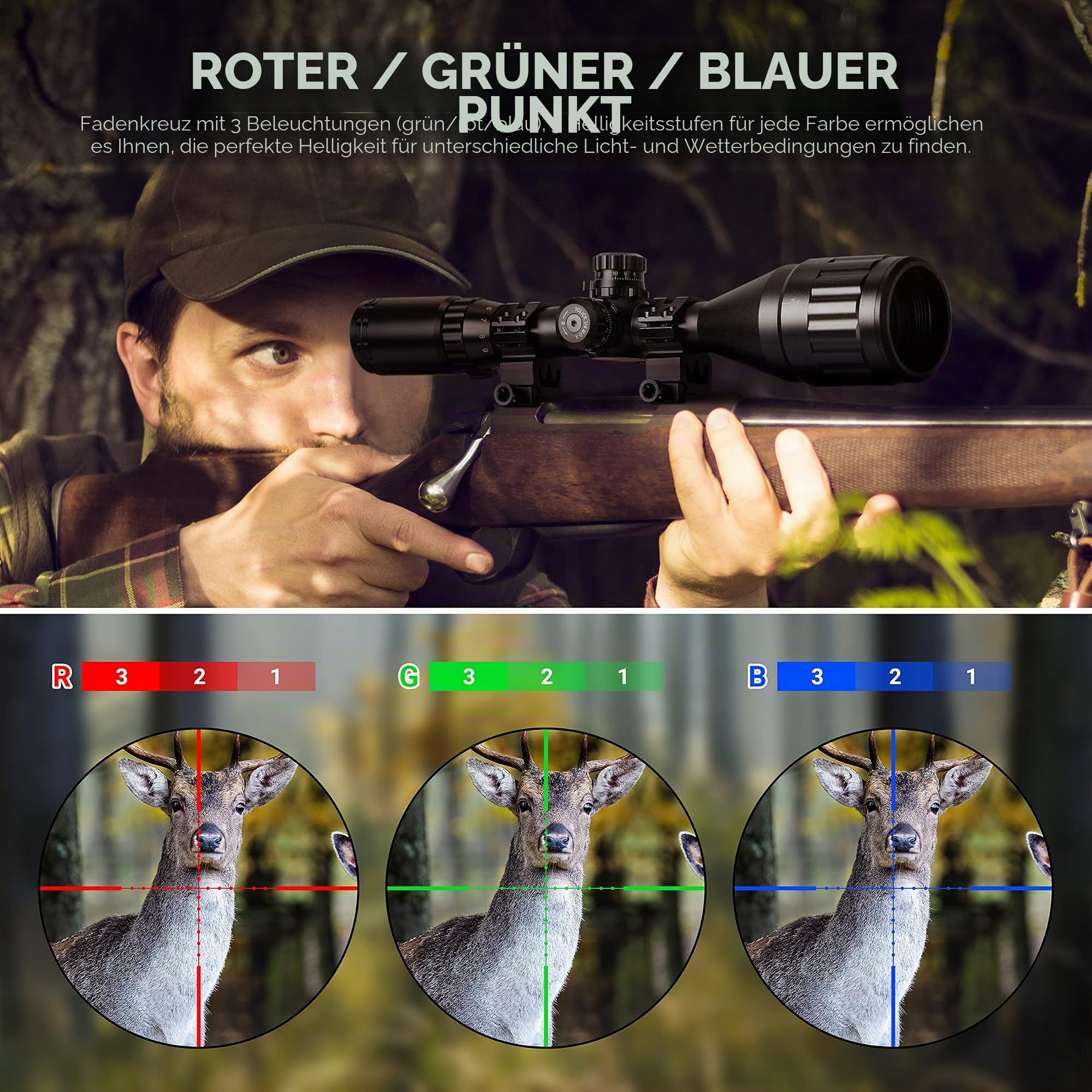 ESSLNB Zielfernrohr 3-9x50MM Airsoft Luftgewehr Rot/Grün/Blau Mil Dot mit 20mm/22mm Picatinny-Schiene Montage 3-stufige Helligkeit inkl. Sonnenblende für Taktische Armbrust Jagd und Sport