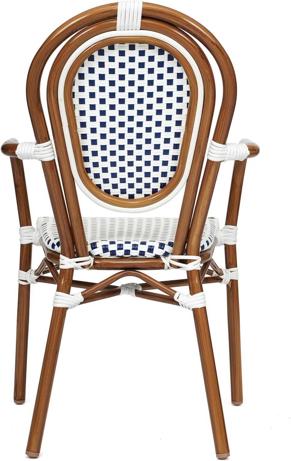 Flash Furniture Lourdes Indoor/Outdoor Commercial Thonet Bistro Stack Chair - Arms - White/Navy PE Rattan Back and Seat - NAT Bamboo Print Metal Frame - 2 PK