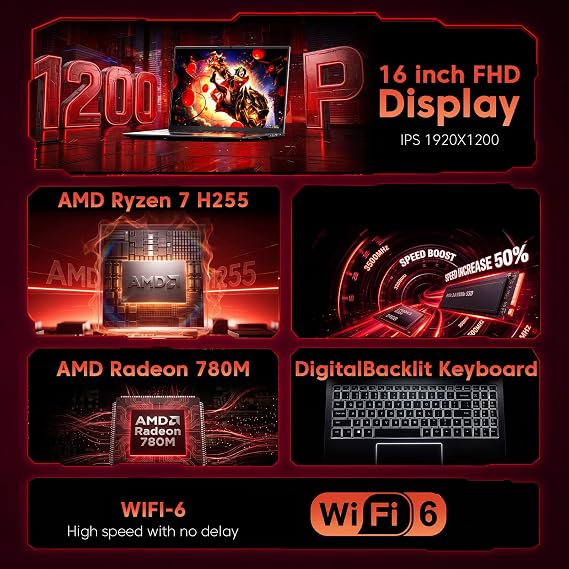 Gaming Laptop with AMD Ryzen 7 H255 (up to 4.9GHz),24GB DDR5 512GB NVMe SSD | 16 inch Laptop with AMD Radeon 780M,Backlit KB,Windows 11,1920x1200 FHD,WiFi 6,Full Function Type-C,Beat R9 6900HX