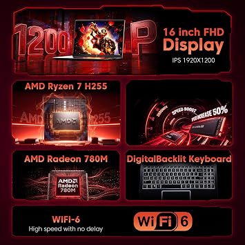 Gaming Laptop with AMD Ryzen 7 H255 (up to 4.9GHz),24GB DDR5 512GB NVMe SSD | 16 inch Laptop with AMD Radeon 780M,Backlit KB,Windows 11,1920x1200 FHD,WiFi 6,Full Function Type-C,Beat R9 6900HX