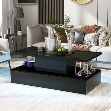 Stylish LED Coffee Table for Living Room High Gloss Rectangle Wooden Center Table with 16-Color LED Light Modern 2-Tier Cocktail Coffee Table w/Storage Shelf for Home OfficeBlack-47.2" W