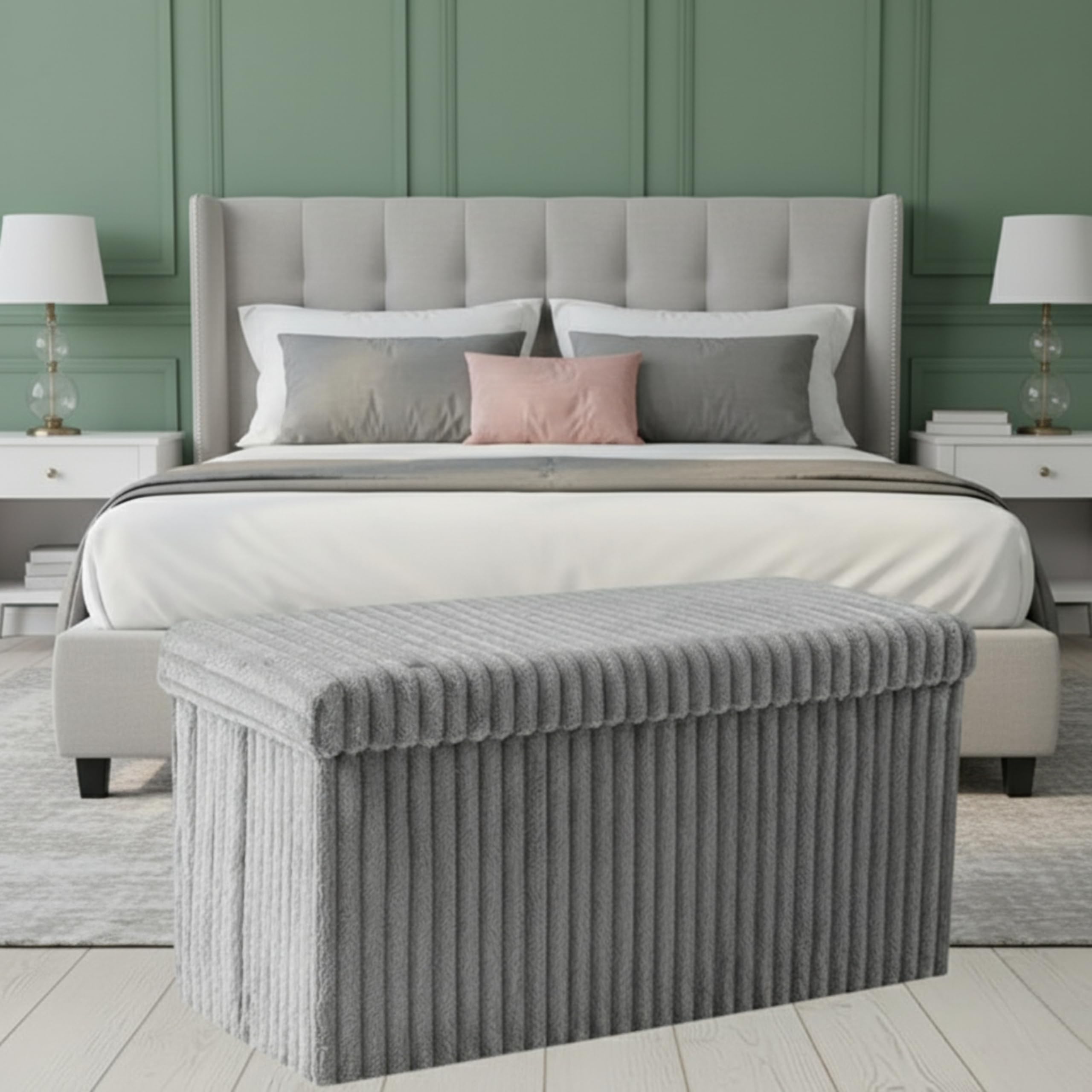 Dolce Vari Corduroy Foldable Ribbed Storage Bench – Soft Fabric Ottoman for Bedroom, Living Room & Entryway (Silver, Large)