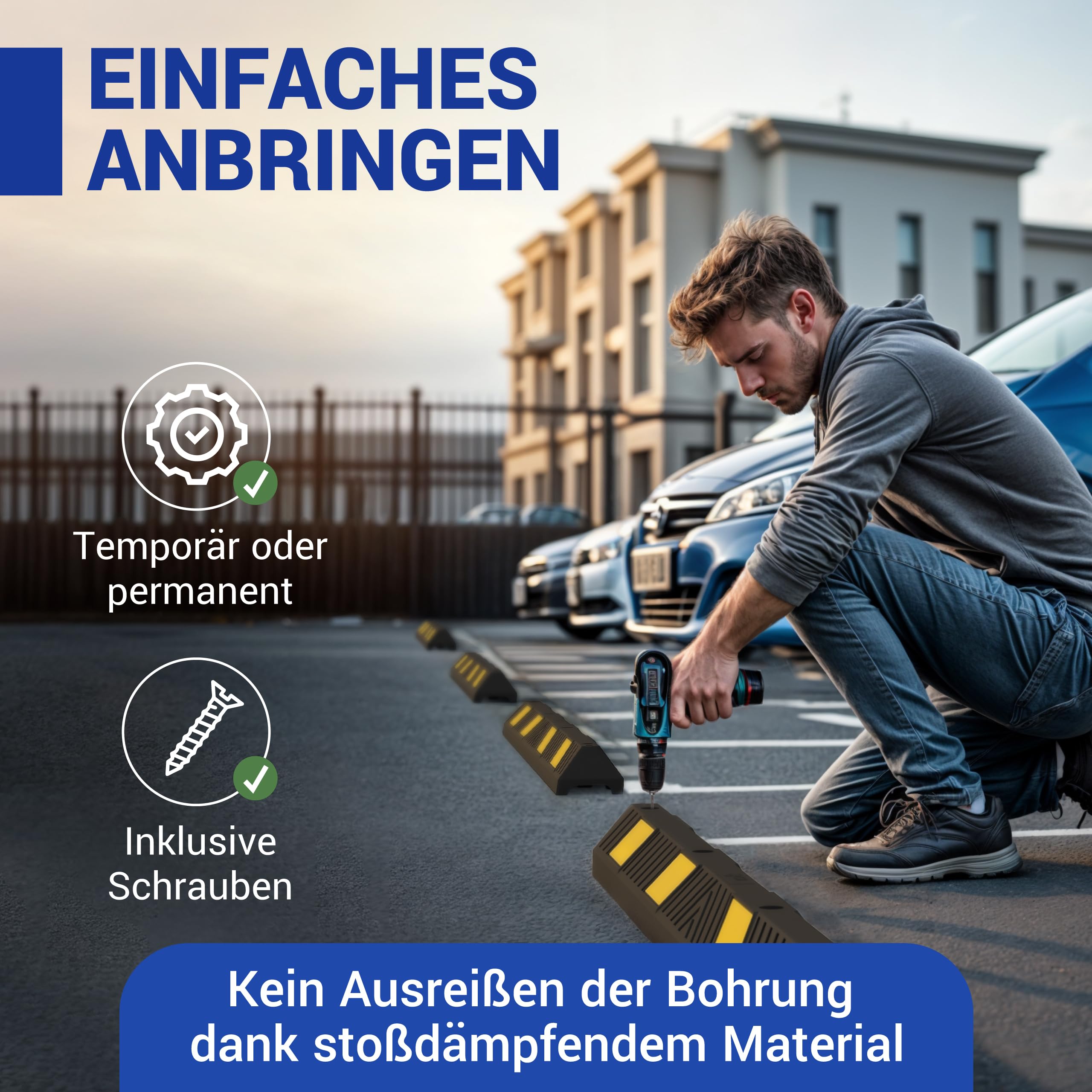 wolk Radstopper 183cm Hartgummi Parkplatzbegrenzer mit Reflexstreifen | Wetterfester Anfahrschutz inklusive Befestigungsmaterial - UV-beständiger Begrenzungspfosten für Asphalt und Beton