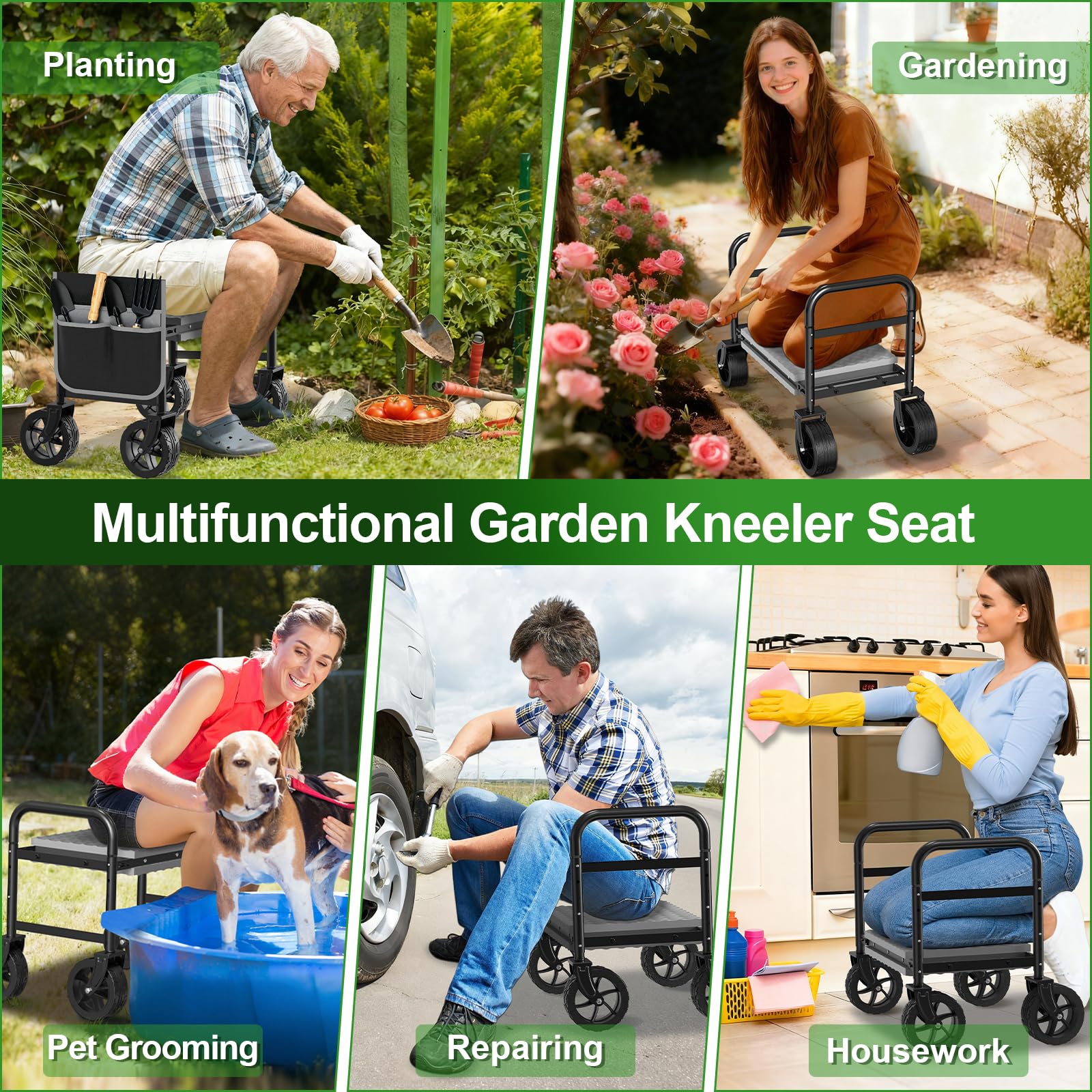 Inginocchiatoio da giardino 3 in 1 aggiornato con ruote con grandi tasche per attrezzi, sgabello pieghevole da giardinaggio resistente, con gambe estensibili e imbottitura ispessita, per anziani