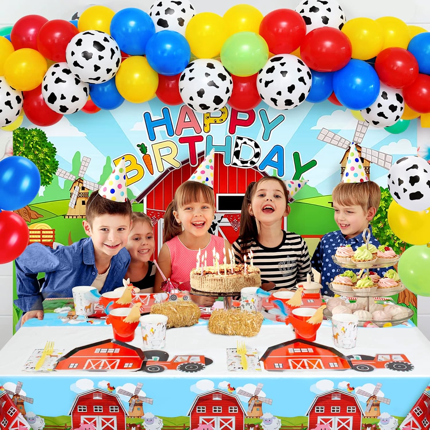 Golray 91Pcs Farm Animals Party Decorations Supplies, Farm Barn Animal Backdrop Farmhouse Decor Tablecloth Cow Print Horse Balloon Arch Garland Kit 1st Baby Shower Birthday Party Supply for Kids Girls - Image 6
