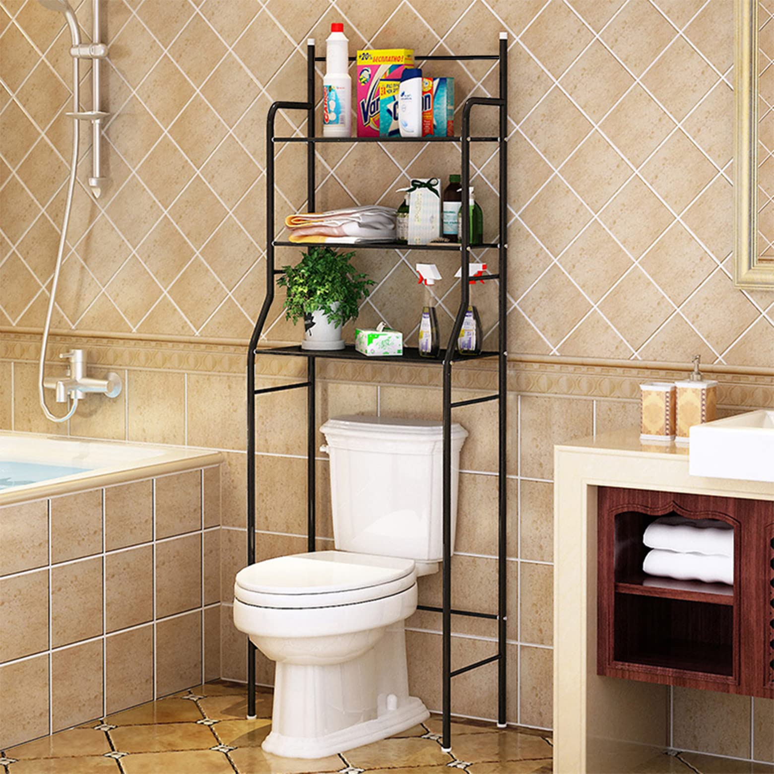 Estanteria sobre Inodoro WC Lavadora Ahorra Espacio Almacenamiento Cuarto Baño,Estante Encima del Inodoro 3 Baño WC Aseo Mueble Almacenamiento Estantería Visualización Organizador (157*48*26cm-negro)