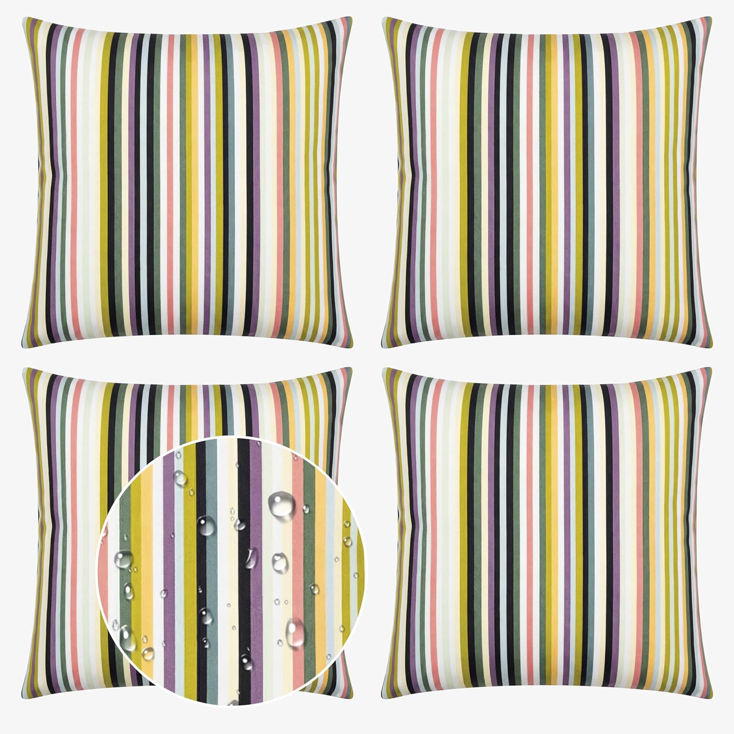 Volans 18" x 18" Outdoor Throw Pillows with Inserts Pack of 4, Waterproof Square Toss Pillows for Backyard, Bed, Couch, and Patio Furniture, Green Striped