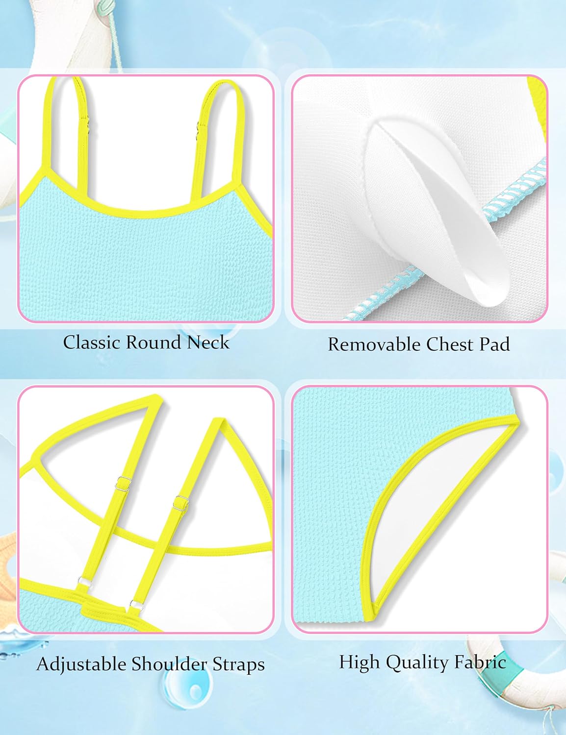 Girls Swimsuit Two Piece Scoop Neck Solid Color Bikini Set Adjustable Strap High Waist Bathing Suit for Girls 9-16Y