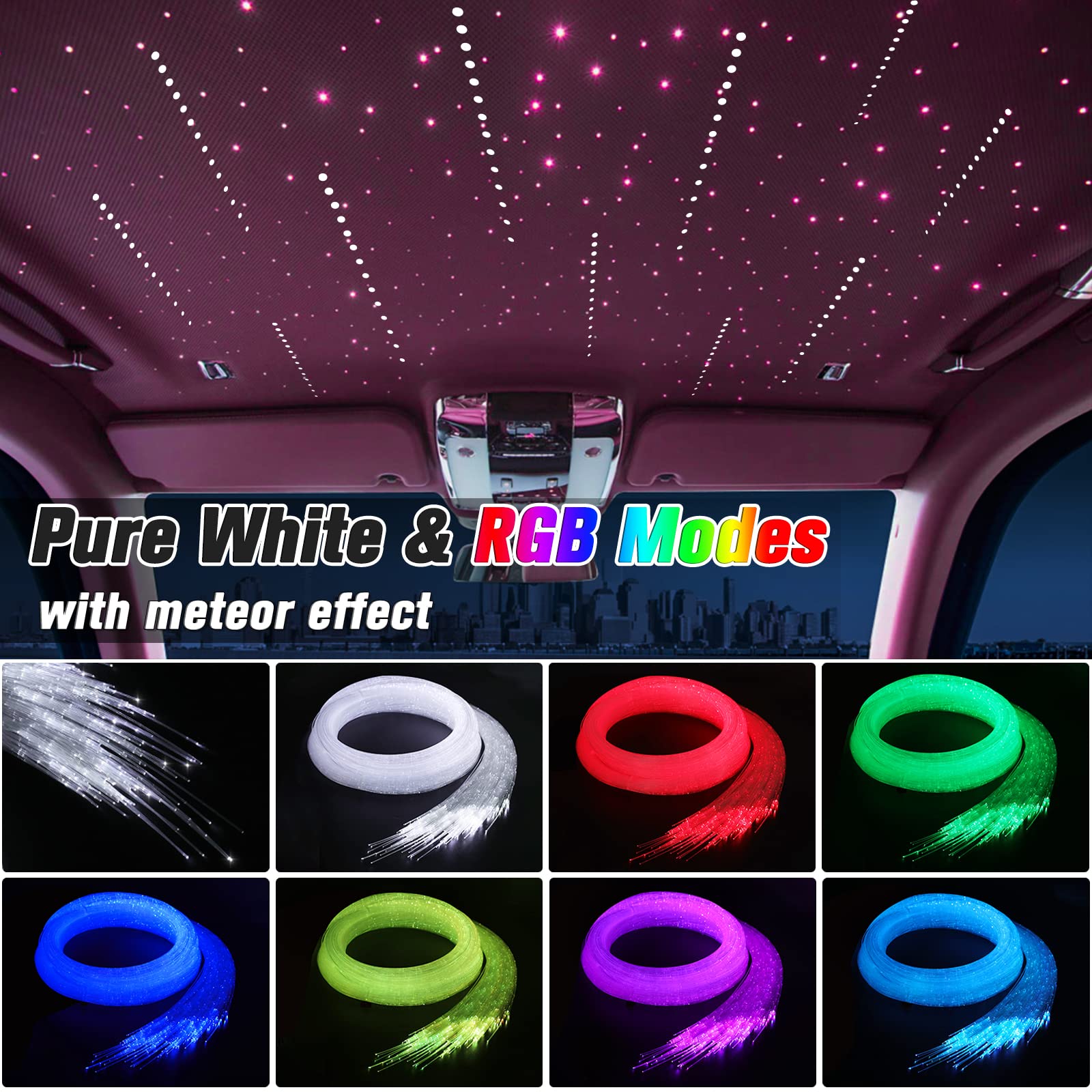 16W RGBW Meteor Lumineuse, 550pcs*0.75mm*4m LED Fibre Optique Bluetooth/Télécommande, Ciel Etoile Fibre Optique +Kit d'éclairage pour étoile filante pour Voiture/Maison