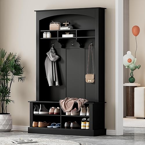 LUMISOL Árbol de pasillo con banco y almacenamiento de zapatos, perchero 4 en 1, diseño moderno, 47.2 pulgadas de ancho x 15.7 pulgadas de