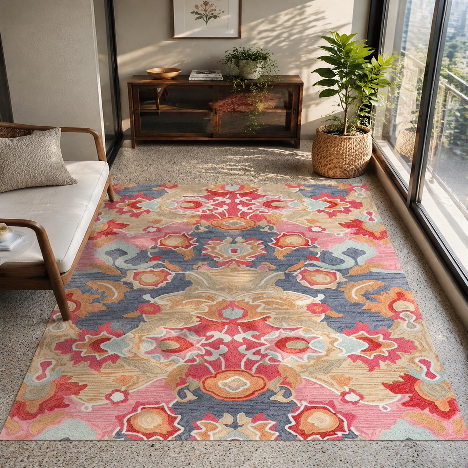 Tapis de décoration bureau à domicile et chambre, grand format floral moderne beige et rose