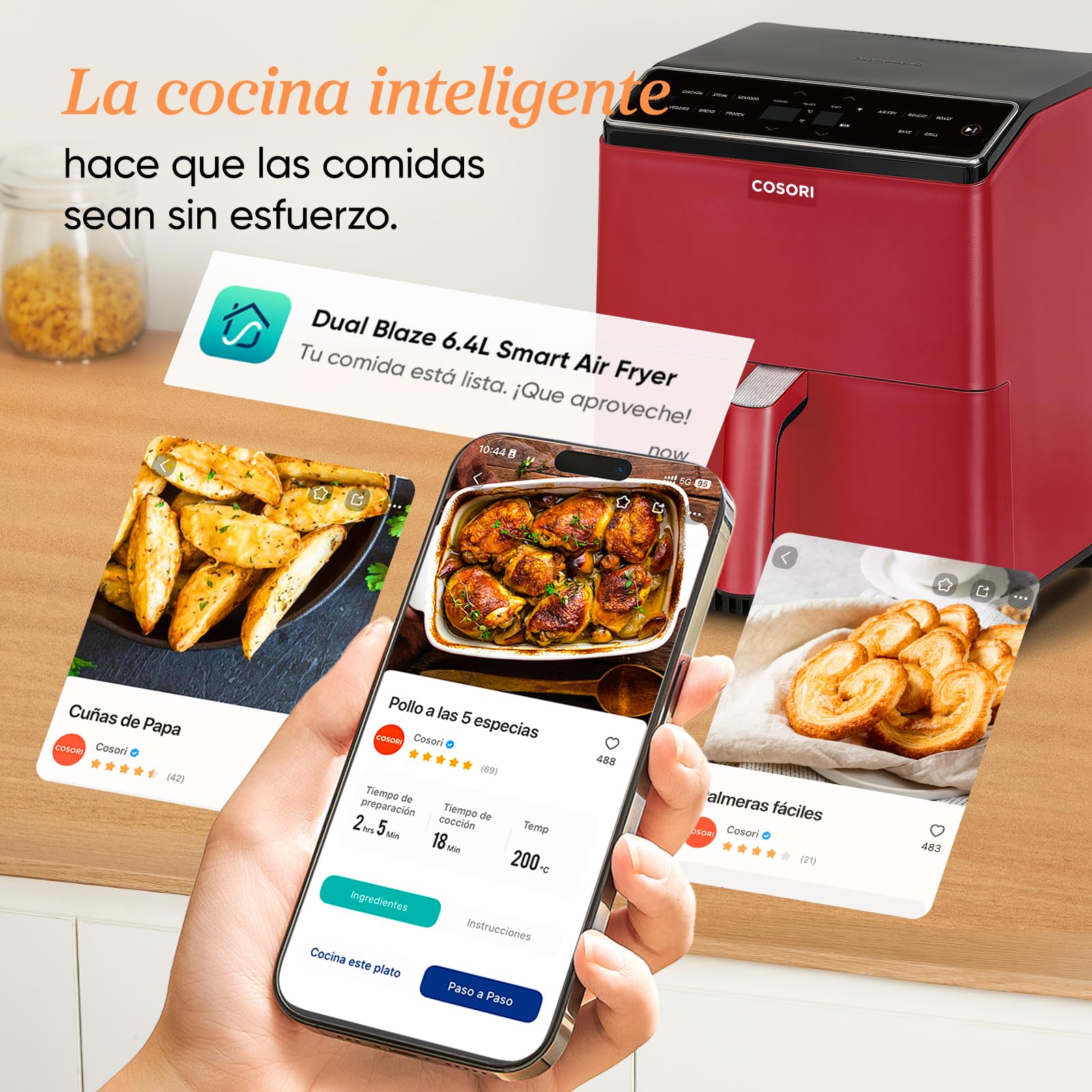 Cosori Dual Blaze Air Fryer WiFi 6,4L, Freidora de Aire sin Aceite 11 en 1, Temperatura y Tiempo Ajustables, 90+ Recetas en la App Creadas por Chef en Español, Apto para Lavavajillas, Roja - 5