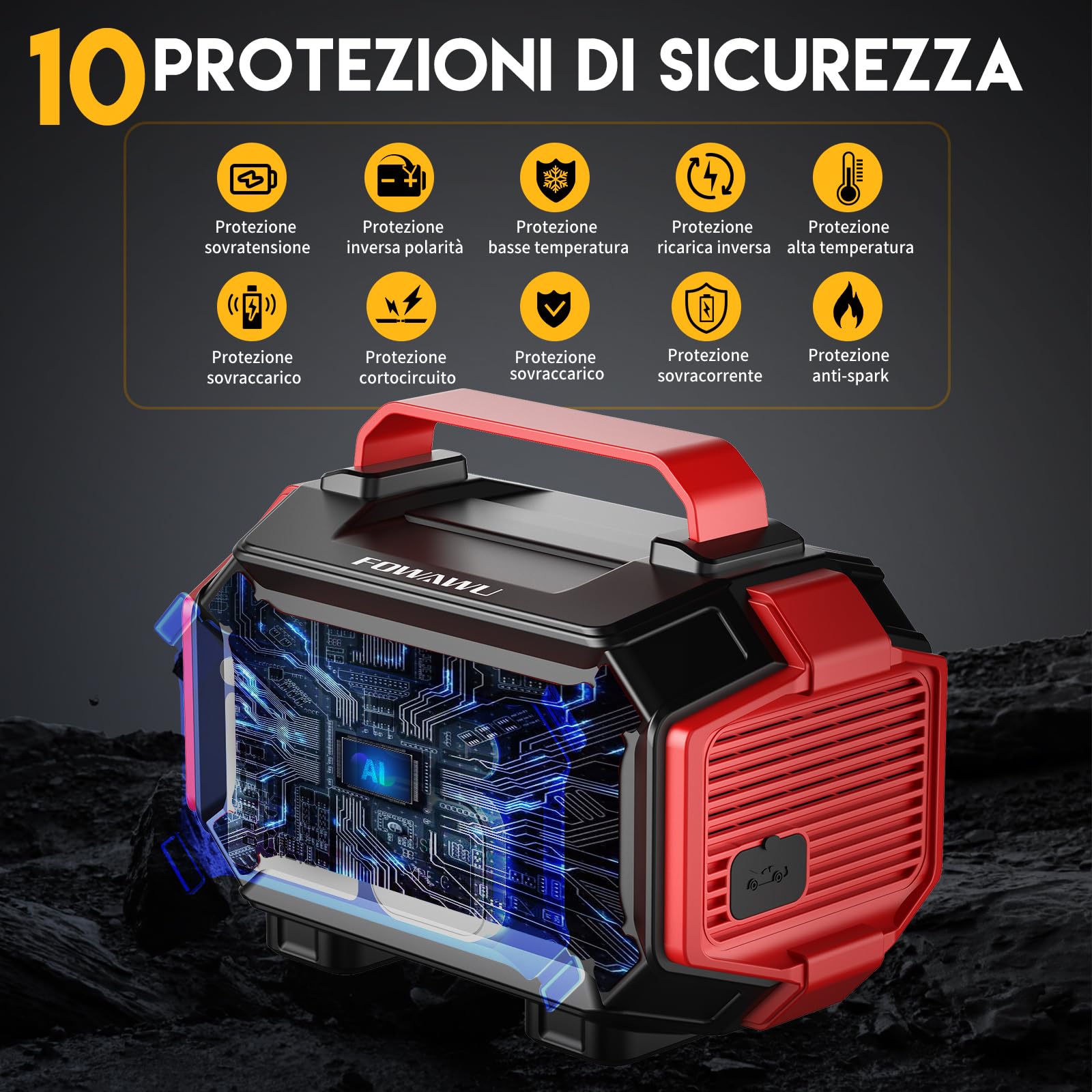 FOWAWU Avviatore Batteria Auto 8000A, Avviatore di Emergenza per Tutti i Benzina e 10L Diesel, con Compressore Aria Portatile 150PSI ad Arresto Automatico, Schermo LCD Grande, Power Bank e Torcia LED