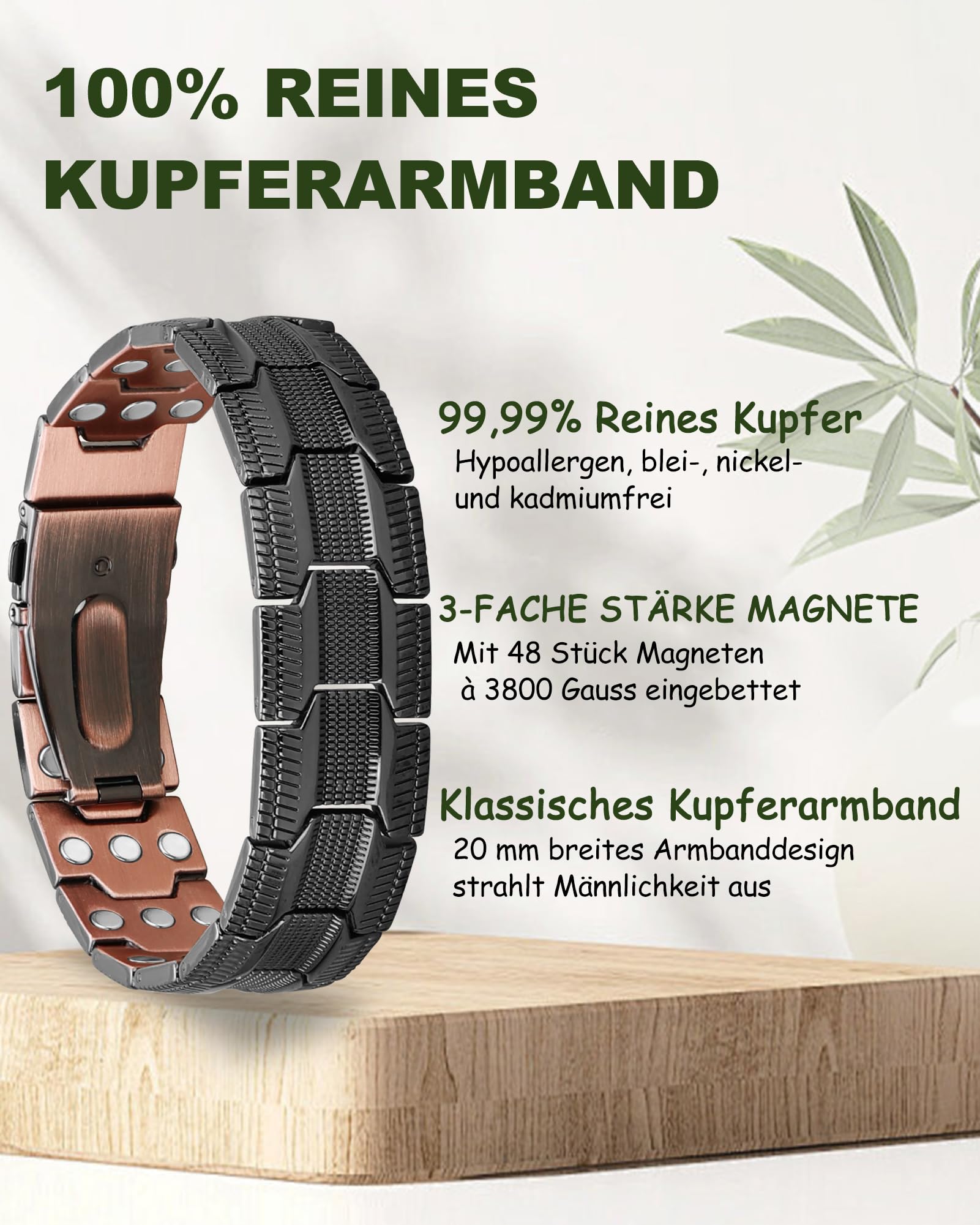 MagEnergy Herren Kupferarmband 3800 Gauss, massives Reinkupfer Armband mit Schmetterlingsverschluss, verstellbar mit Größenwerkzeug