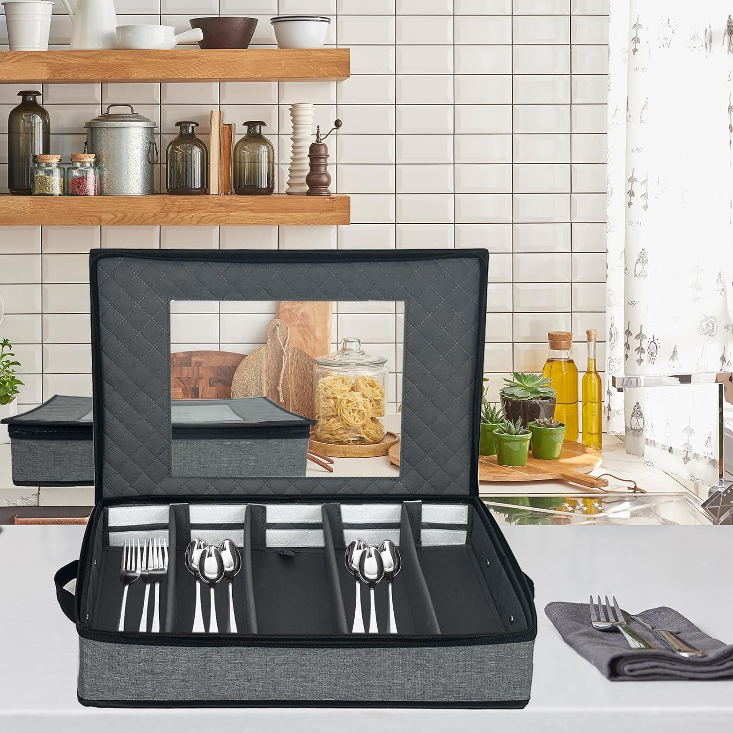 VERONLY 2 Pack Flatware Utensil Storage - Sturdy Silverware Storage Box with Dividers, 5 Compartment Flatware Storage Case with Handles and Removable Lid for Moving&Protected(Dark Gray)